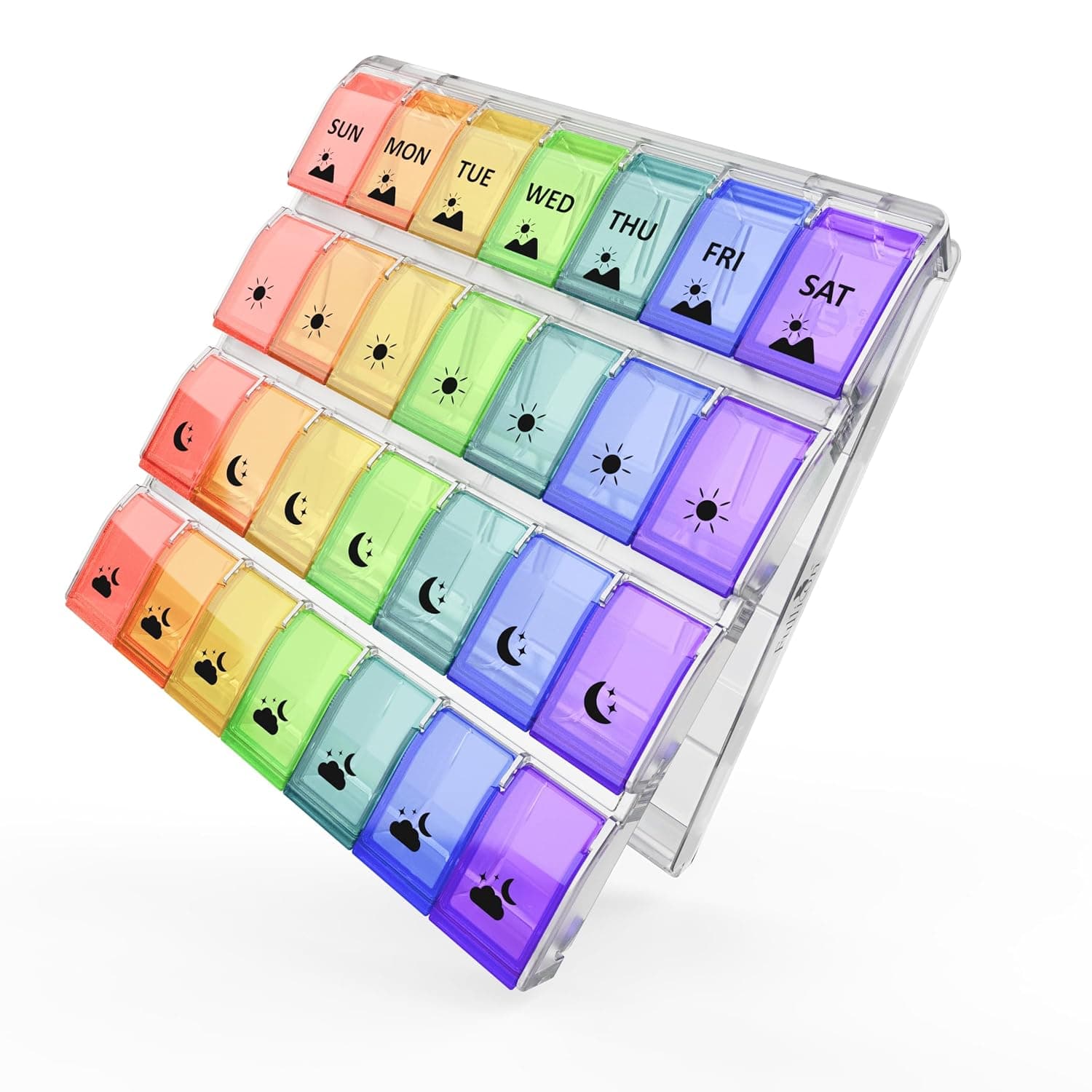 Fullicon Weekly Pill Boxes 4 Times a Day, Large Capacity Medicine Organizer with Easy Fill & Secure Lids, Pill Organizer for Daily Vitamins, Supplements & Fish Oil (Clear Rainbow)