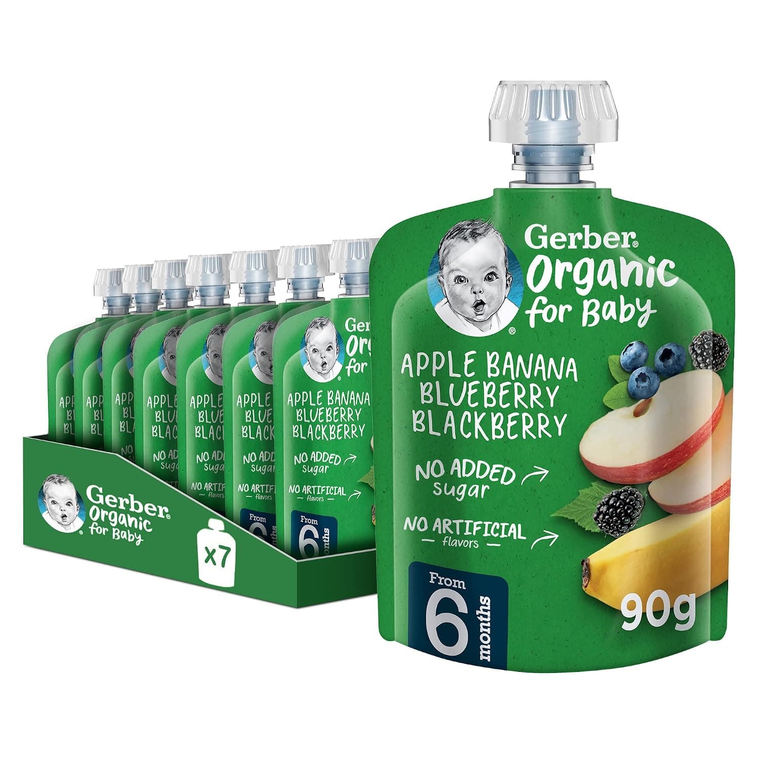 Gerber Organic Baby Food Puree Pouch Apple, Banana, Blueberry & Blackberry. No added sugar, No artificial flavors, No preservatives. 90g(6m+) (7 Pouches)