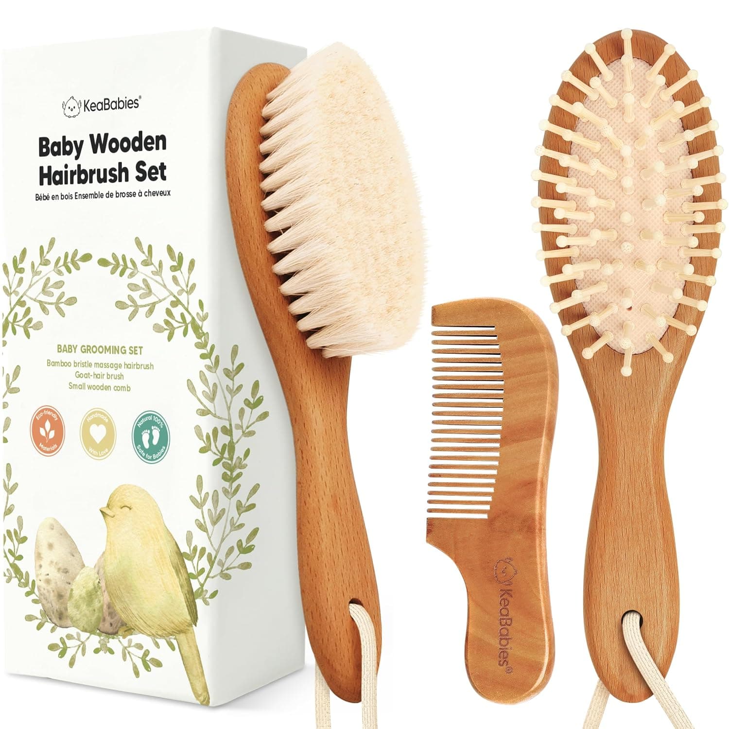 KeaBabies Baby Hair Brush and Comb Set, Soft Goat Bristle Brush for Newborns, Gentle Scalp Care & Cradle Cap Grooming Set, Golden Oak