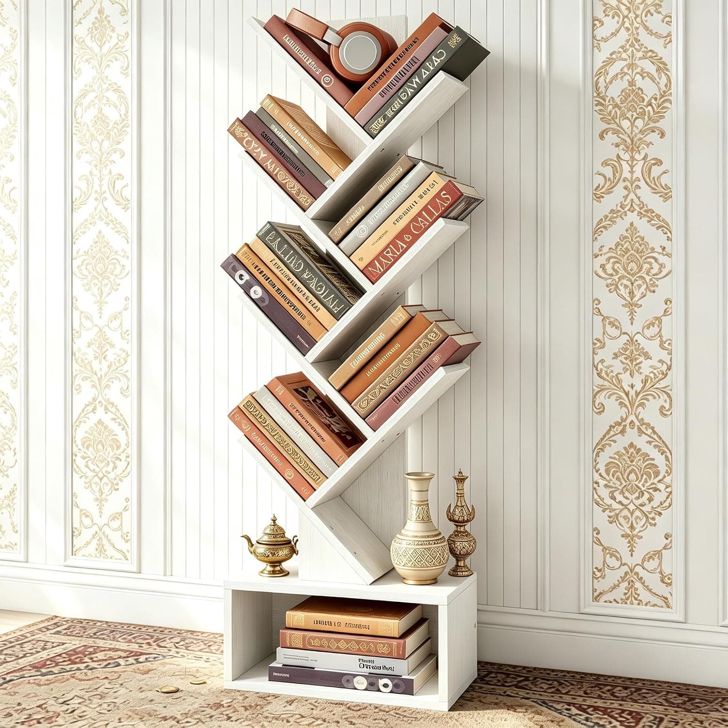 Hoctieon 6 Tier Tree Bookshelf, Tall Bookcase with Drawer, Freestanding Book Shelf, Display Floor Standing Storage Shelf, Book Organizer Shelves for Home Office, Living Room, Bedroom, White