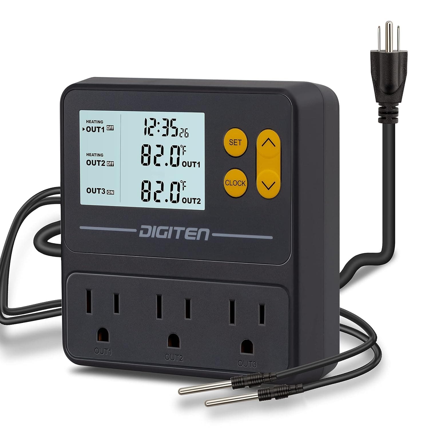 Reptile Temperature Controller with Timer, 3 Outlet Thermostat, Day-Night Timer, Heating & Cooling, TTC-1003ZJ, Black