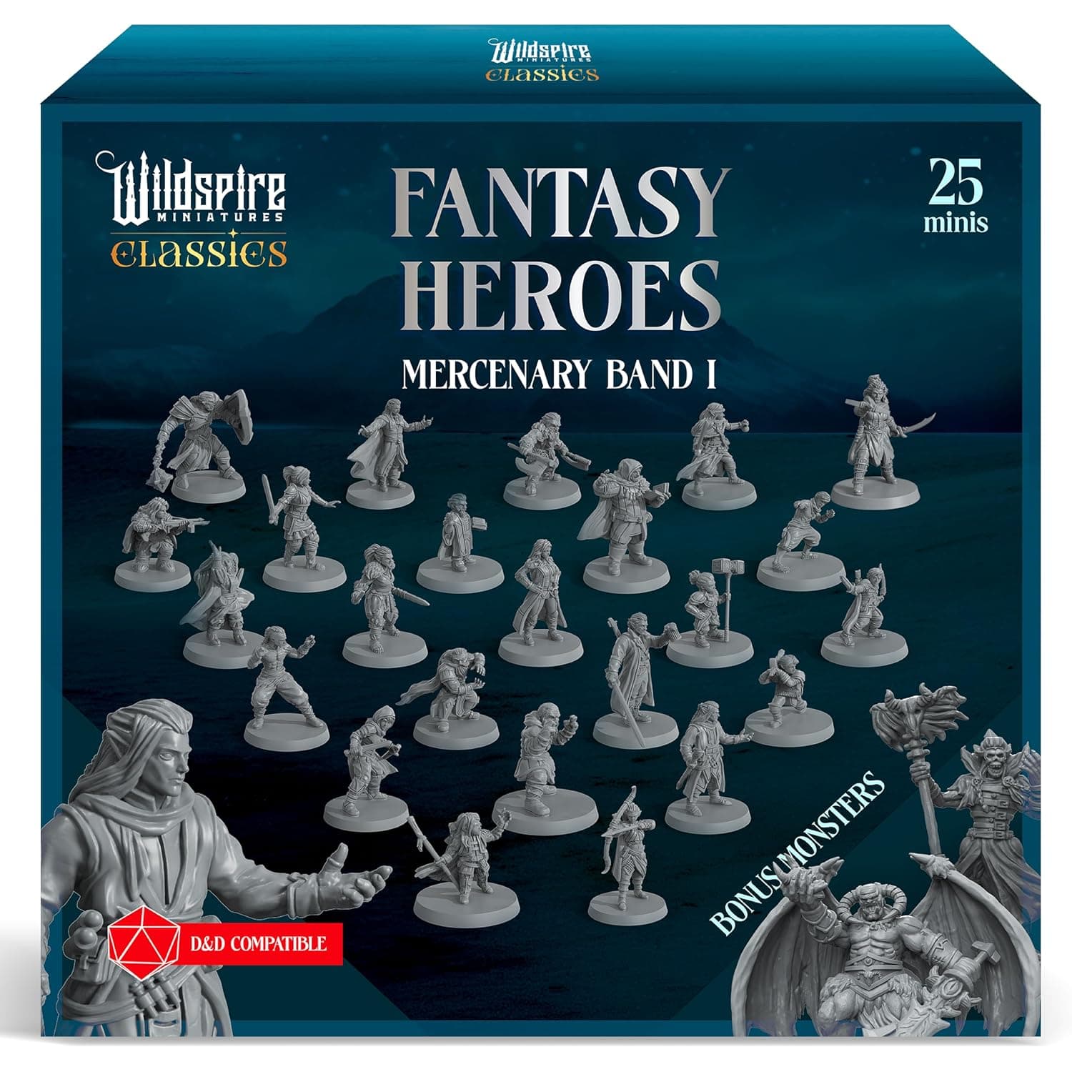 Wildspire Classic Heroes - Mercenary Band I- 25 Paintable Characters for DND Miniatures Bulk I 28mm Dungeons Dragons D&D Miniatures I DND Minis D&D Figures Dragons Figures Pathfinder Compatible