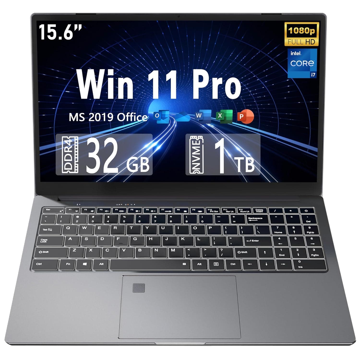 【Win 11Pro & MS Office 2019】 15.6 inch All-metal FHD(1920*1080) Laptop Core i7-9750H（up to 4.5GHz）High Performance CPU 32GB RAM 1TB NVMe SSD UHD Graphics 630/Full-function DP Port/RJ45 (32G+1TB SSD)