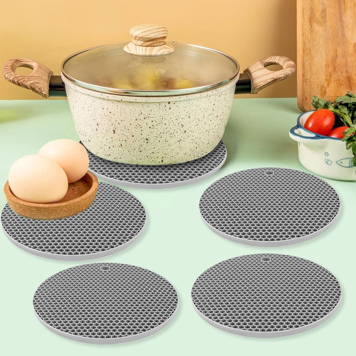 5 PCS Silicone Microwave Mat- Round 6"x 6" Heat Resistant Multifunctional Mat, Splatter Guard, Trivet Hot Pad, Pot Holder