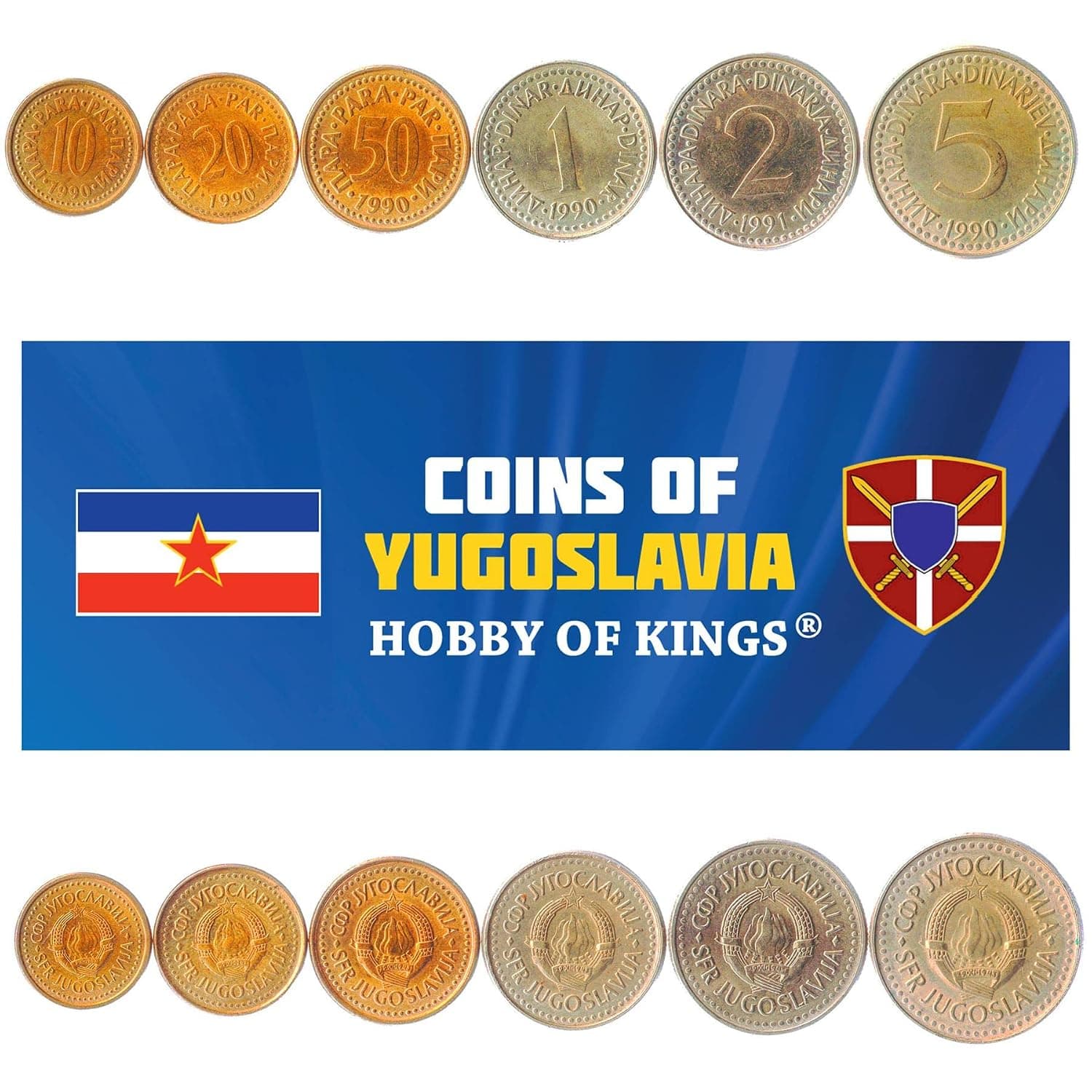 6 Coins from Yugoslavia | Yugoslav Coin Set Collection 10 20 50 para 1 2 5 Dinara | Circulated 1990-1992 | Flame | Star
