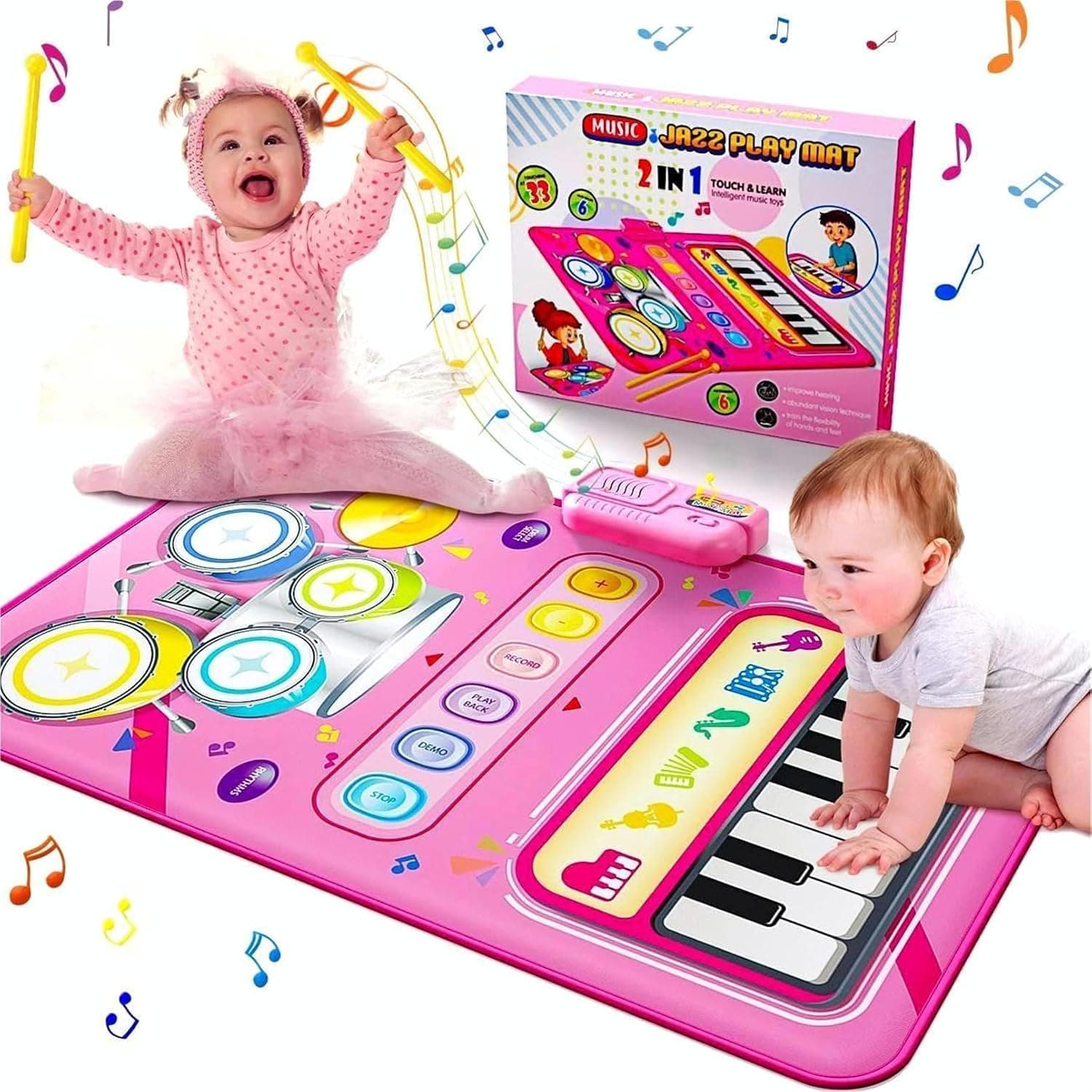 Andanna Piano Mat for Baby, Musical Toys for Toddlers 1-3 Piano Keyboard & Drum Mat, Music Sensory Play Mat Baby Toys for 1 Year Old Toddler Girl Toy Age 1-2 Birthday Gifts (Pink)