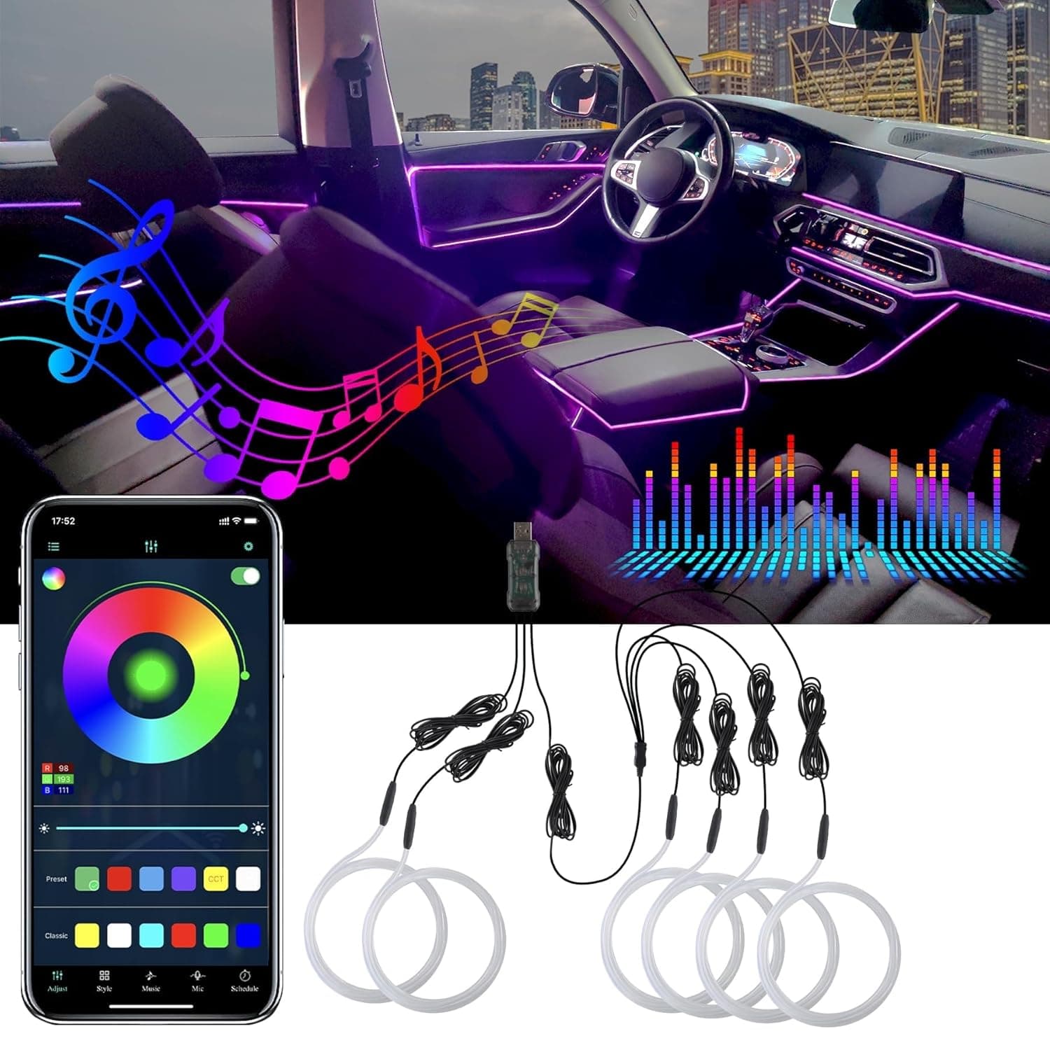 LED Interior Lighting, Car Fiber Optics USB Port Lights Wireless LED Strips Music Sync Lights App Controlled Lighting Car Accessories Gifts Multi-Color Car Lights Interior Car Upgrades for Women Men