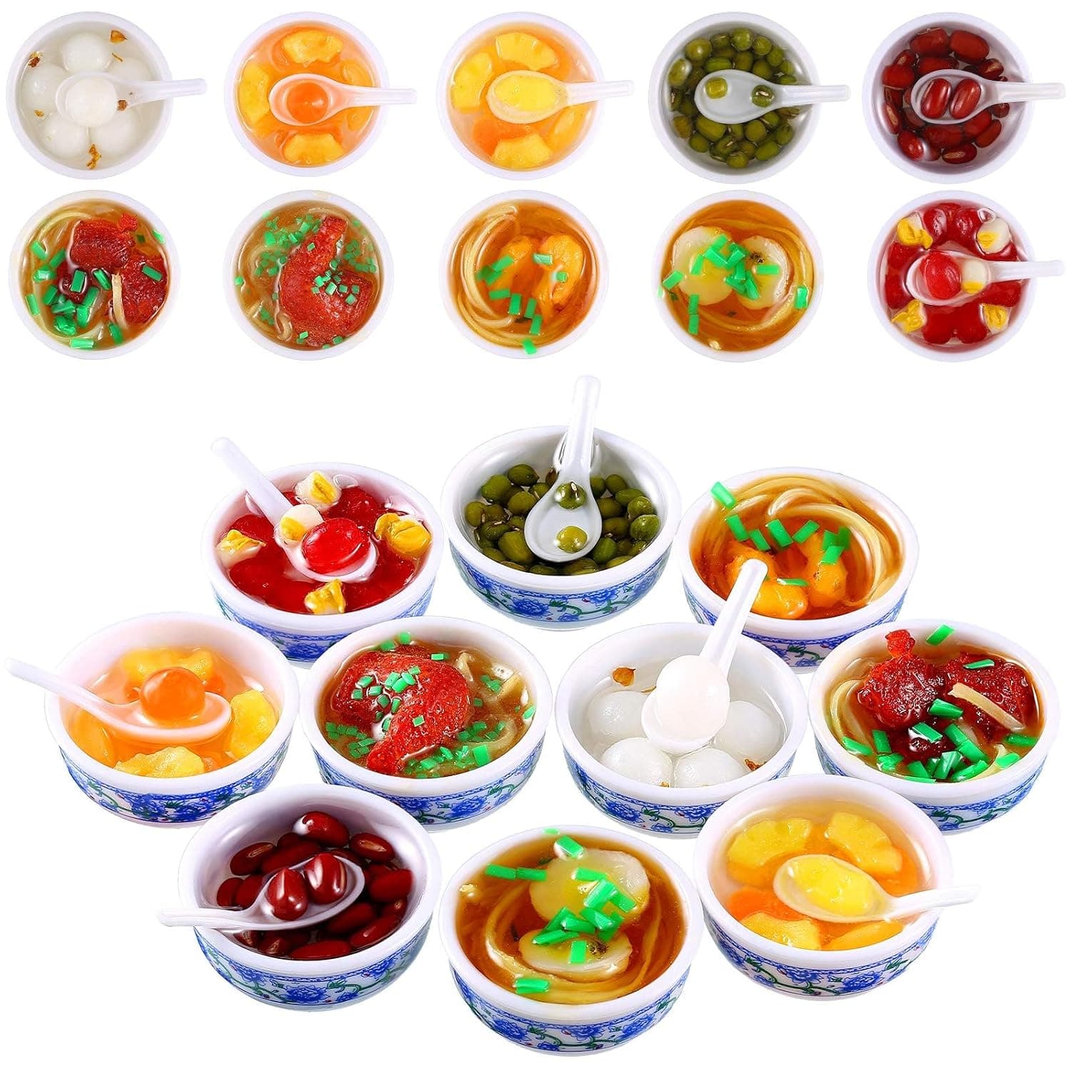 Mini Toy Food Set, Blue and White Pottery Miniature Chinese Play Food, Sweet Soup, Syrup, Noodle Bowls for Kitchen Dollhouse Accessories, 10 Pcs