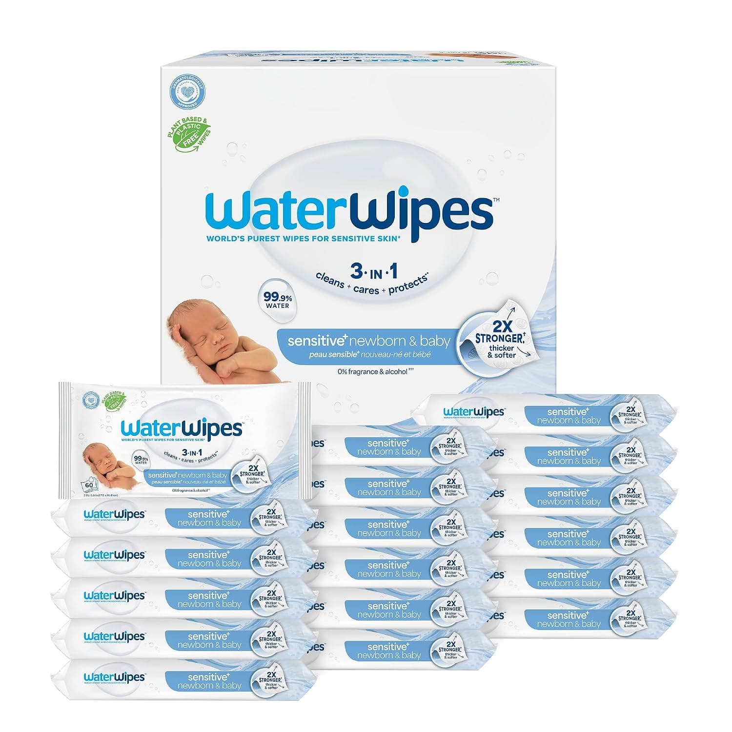 WaterWipes Plastic-Free Original Baby Wipes, 99.9% Water Based Wipes, Unscented & Hypoallergenic for Sensitive Skin, 1080 Count (18 packs)