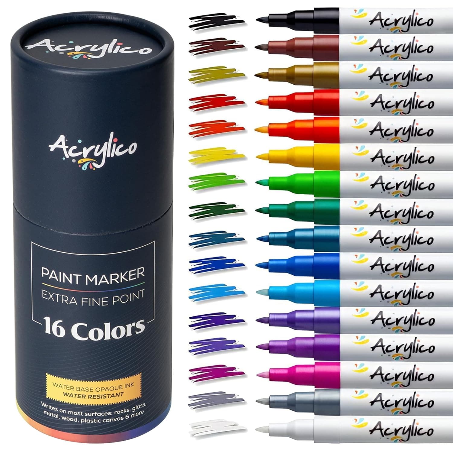Acrylic Paint Pens for Rock Painting Set of 16 Paint Markers Extra Fine Tip for Wood, Canvas, Plastic, Ceramic, Glass, Drawing Craft Supplies for Adults & Kids for Scrapbooking & Drawing