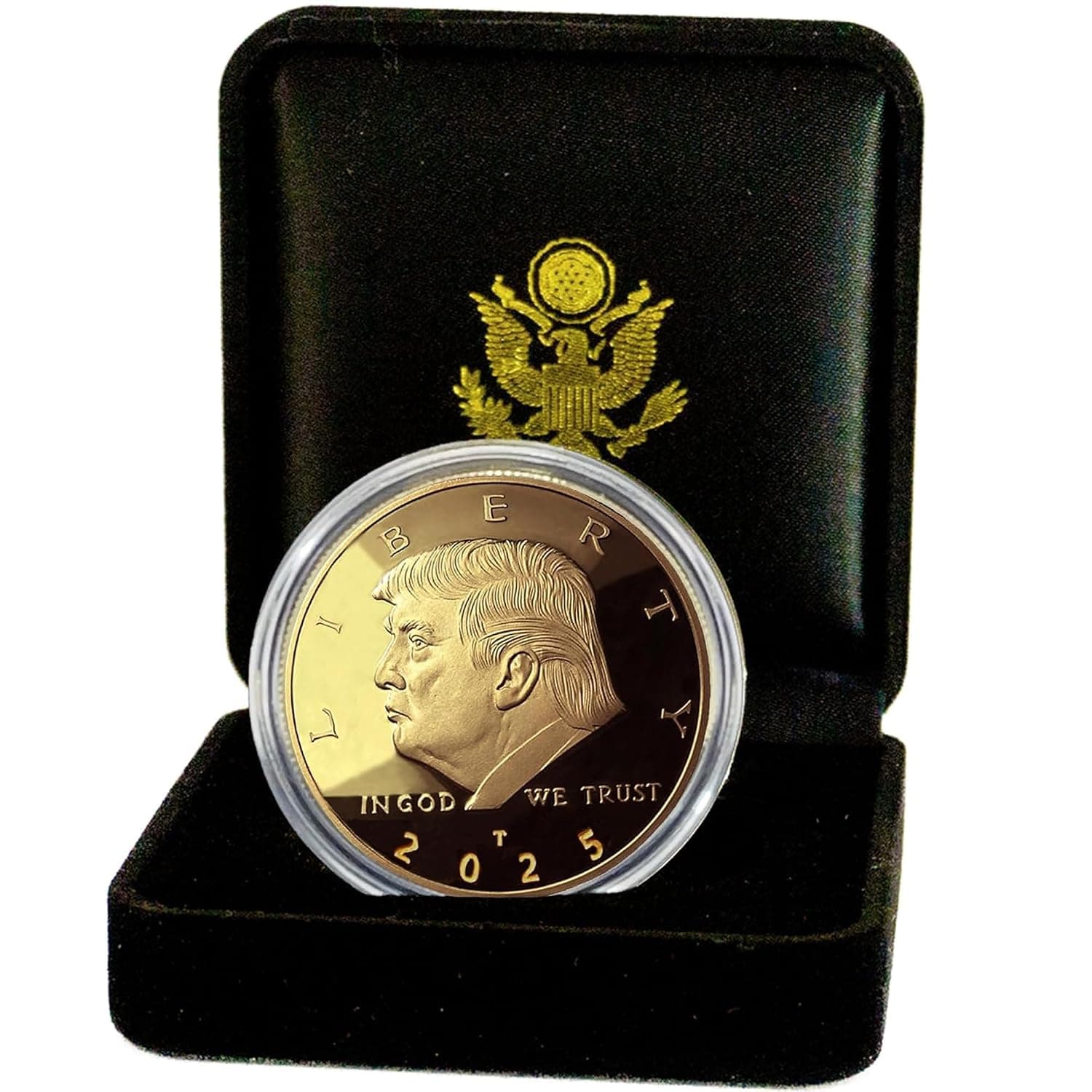 Donald J. Trump 2025 Gold-Plated Challenge Coin with Velvet Display Case