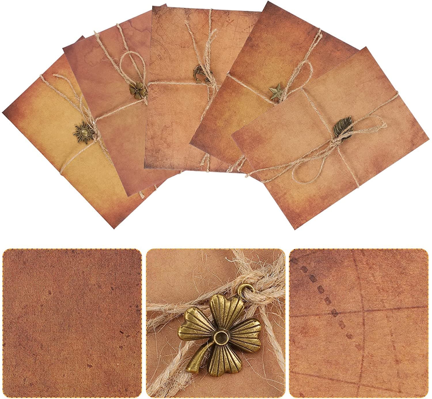 Vintage Stationery Paper and Envelopes Set for Elegant Letter Writing and Invitations, Antique Style A5 Kraft Paper with Decorative Pendants and Ropes for Festivals, 5 Sets