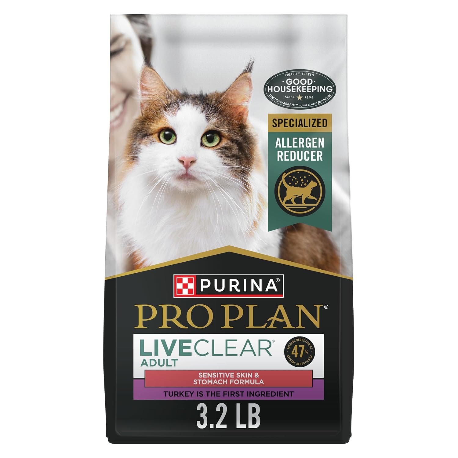 Purina Pro Plan Allergen Reducing, High Protein Cat Food, LIVECLEAR Turkey and Oatmeal Formula - 3.2 lb. Bag | Real turkey, reduces the major allergen in cat hair and dander, sensitive skin cat food with natural prebiotic fiber