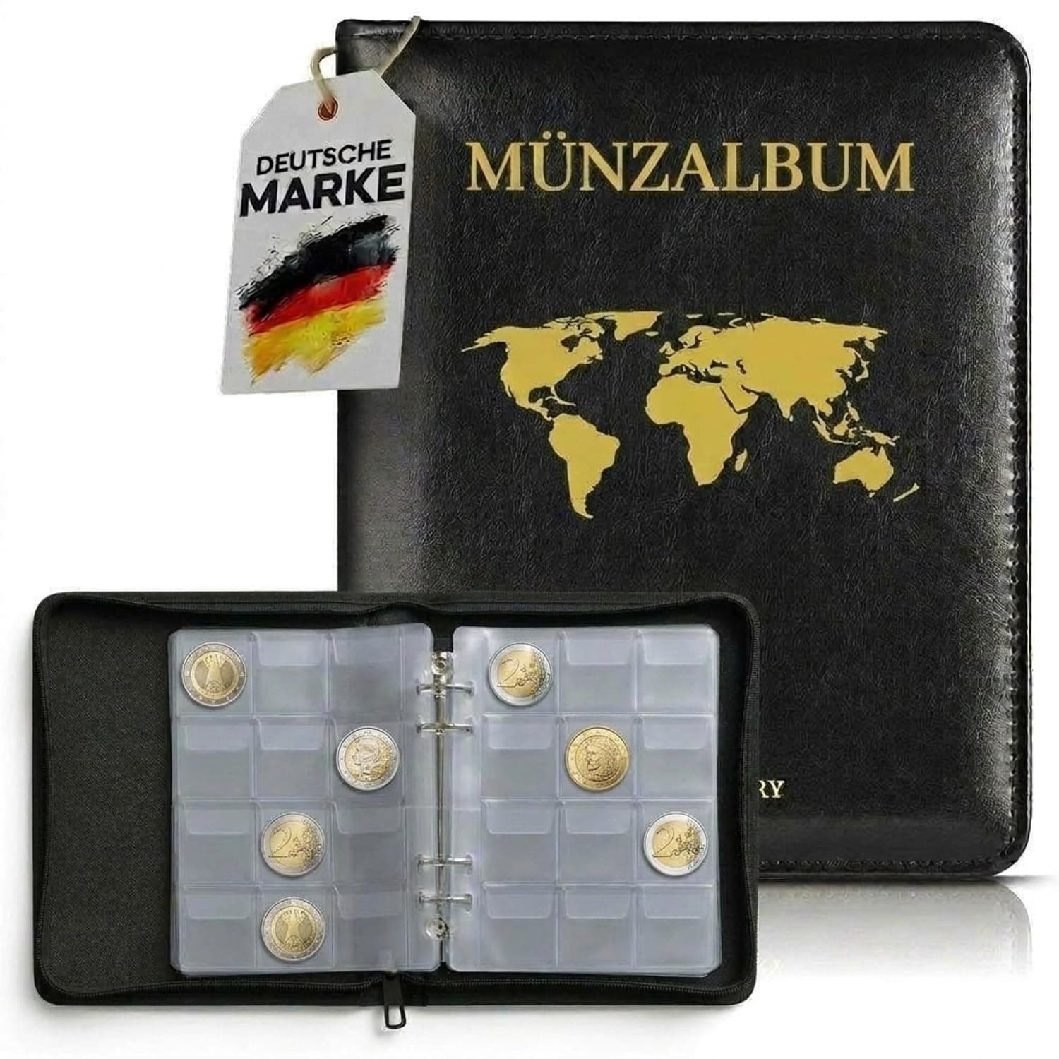 Coin Album - 300 Coins (4.5 x 4 cm per Grid) 2 Euro Coin Storage Coin Collection Album Made of Faux Leather Coin Album for Coin Collection and Money Currency (300 Coins)