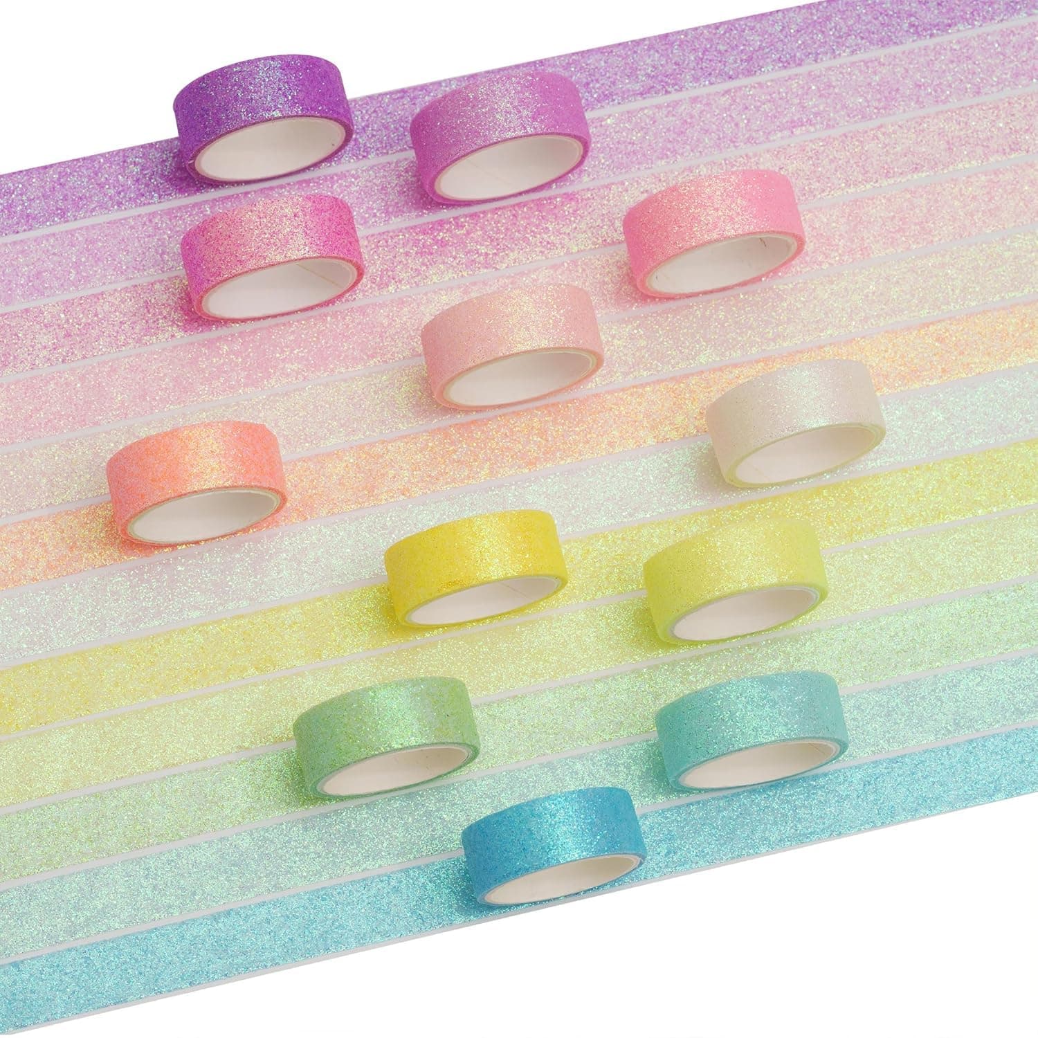 Glitter Washi Tape Set, 12 Rolls of Sparkling Foil Decorative Tapes, 15mm Thin Masking Tape for Arts, DIY Crafts, Journals, Planners, Scrapbook, Gift Wrapping, 12 Colors