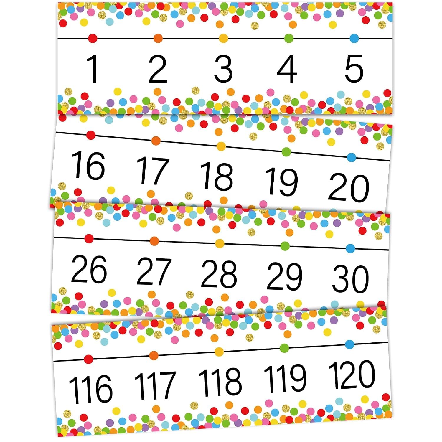 29 Pcs Colorful Number Line Bulletin Board Border -20-120 Confetti Number Line Border for Classroom Wall Confetti Laminated Math Learning Posters for Back to School Office Home Decor Teaching Supplies