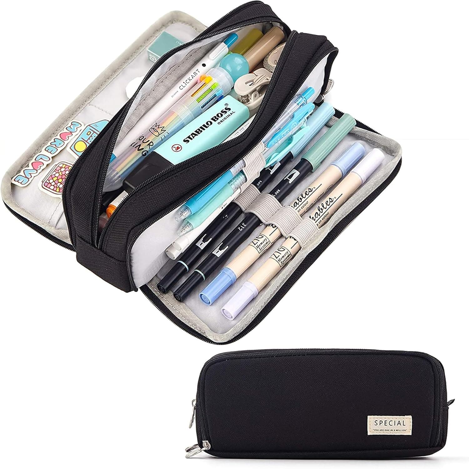 ToolHouse Large Capacity Pencil Case with 3 Compartments - Black Multi-Functional Pen Bag for Office, School and Art Supplies, Stationery Holder for Daily Use