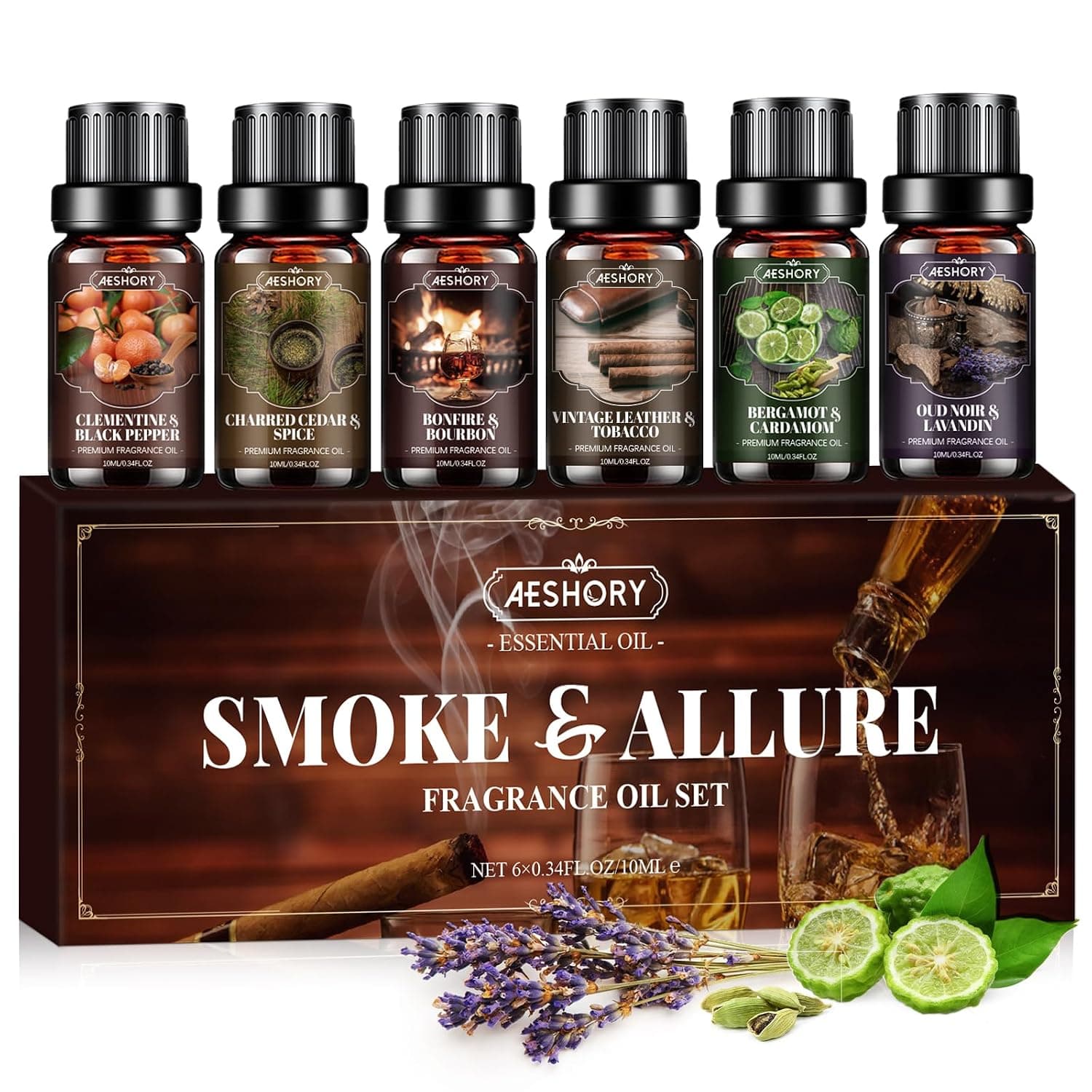 Men Essential Oils Set, Fragrance Oil for Diffuser, Leather, Tobacco, Cedar, Bourbon Whisky, Bergamot, Candle Scents for Candle Making, Soap Making Supplies, Man Aromatherapy Diffuser Oils Kit(6x10ML)