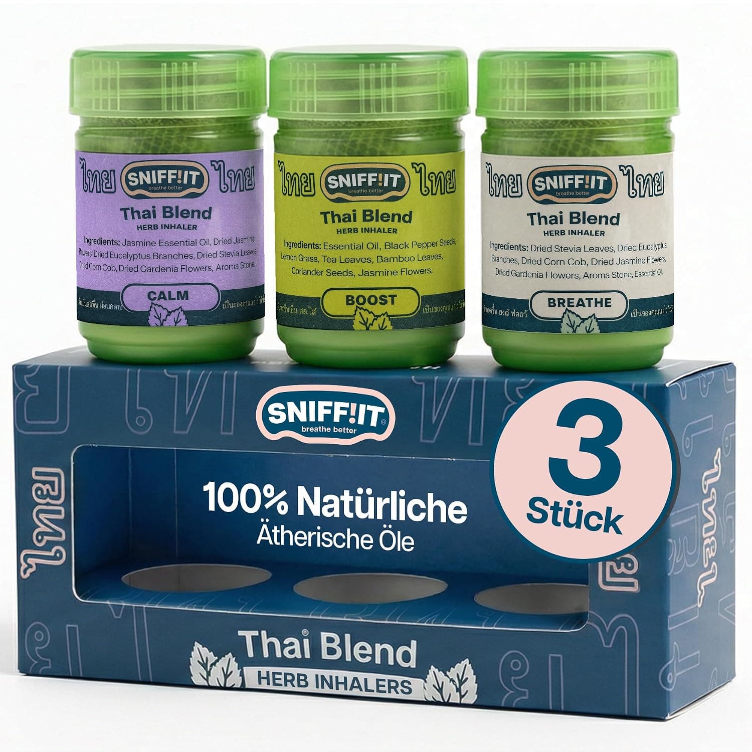 Sniffit® Thai Herbal Inhaler Herbal Inhaler Pen Set of 3 | With Thai herbs & essential oils, compact smelling pen for on the go