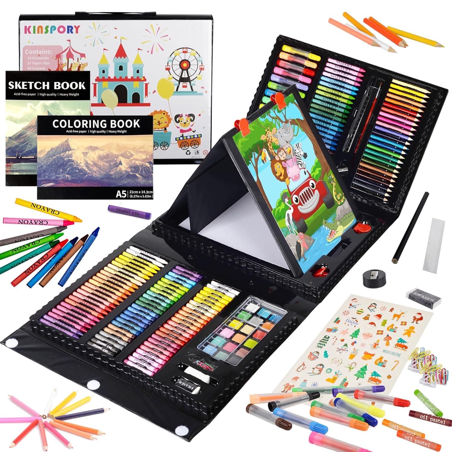 KINSPORY Art Supplies, 290 Pack Art Sets Crafts Drawing Coloring kit, Double-Side Trifold Easel, Oil Pastels, Crayons, Colored Pencils, Creative Gift for Beginners Artists Girls Boys Kids 4+ (Black)