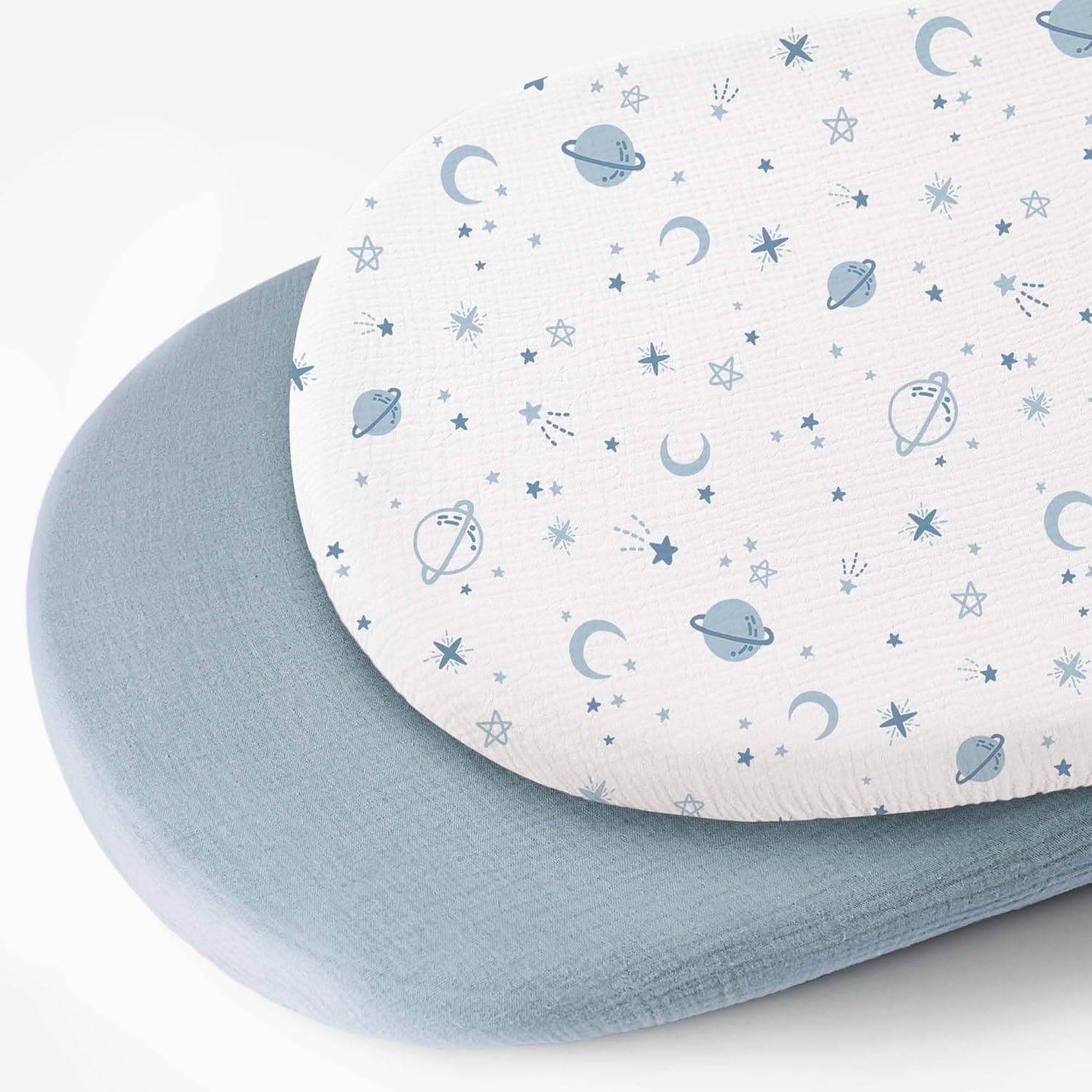 2 Pack Muslin Cotton Bassinet Sheets for Kids, Ultra Soft & Breathable Fitted Mattress Covers, Oval Hourglass Rectangle Cradle, Blue Star Nursery Bedding, Newborn Infant Essential