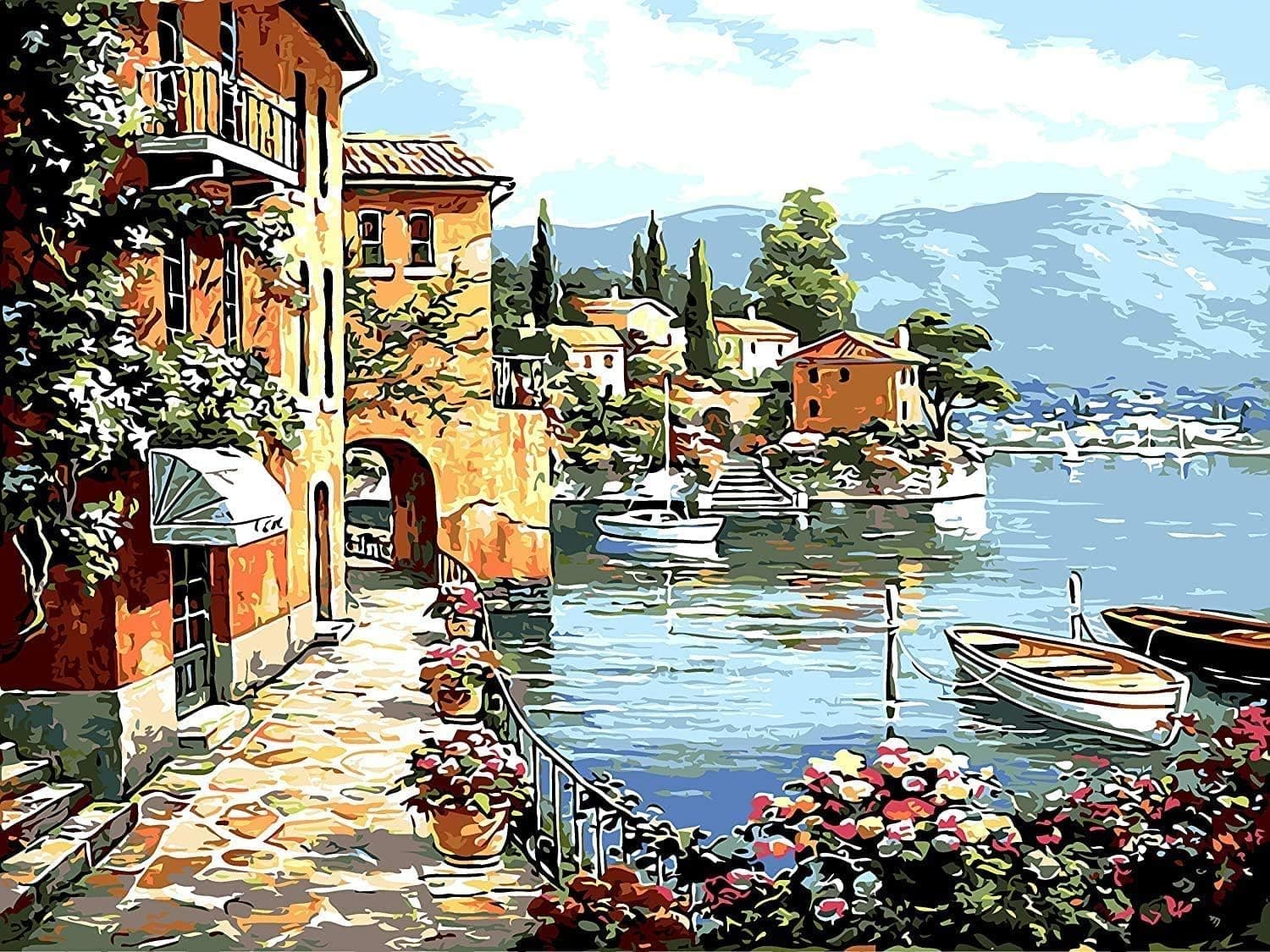 Diy Paint By Numbers, Canvas Oil Painting Kit For Kids & Adults, 16 W X 20 L Drawing Paintwork With Paintbrushes, Acrylic Pigment (Harbor Scenery)
