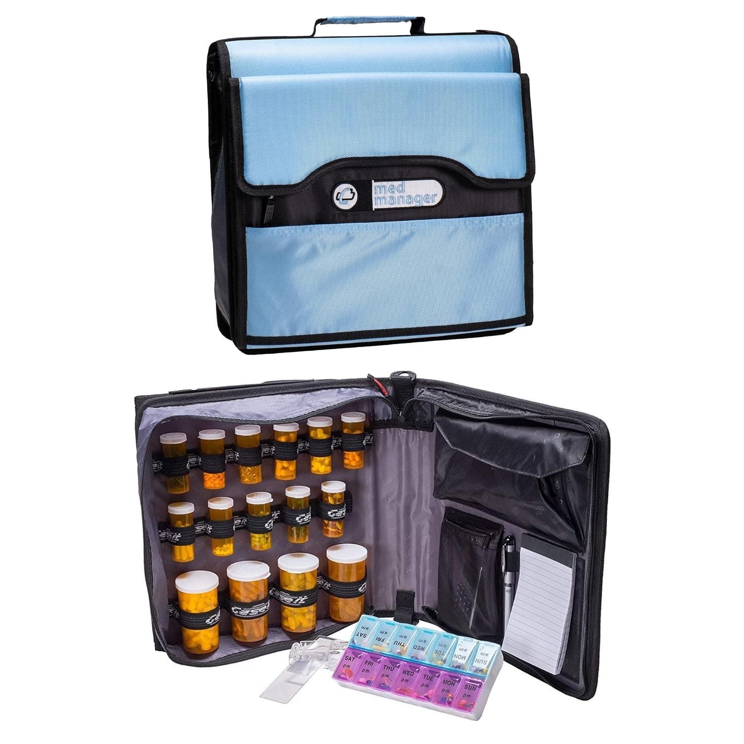 Med Manager Deluxe Medicine Organizer and Pill Case, Holds (15) Pill Bottles - (11) Standard Size and (4) Large Bottles, Light Blue, 13 inches x 13 inches x 4.5 inches