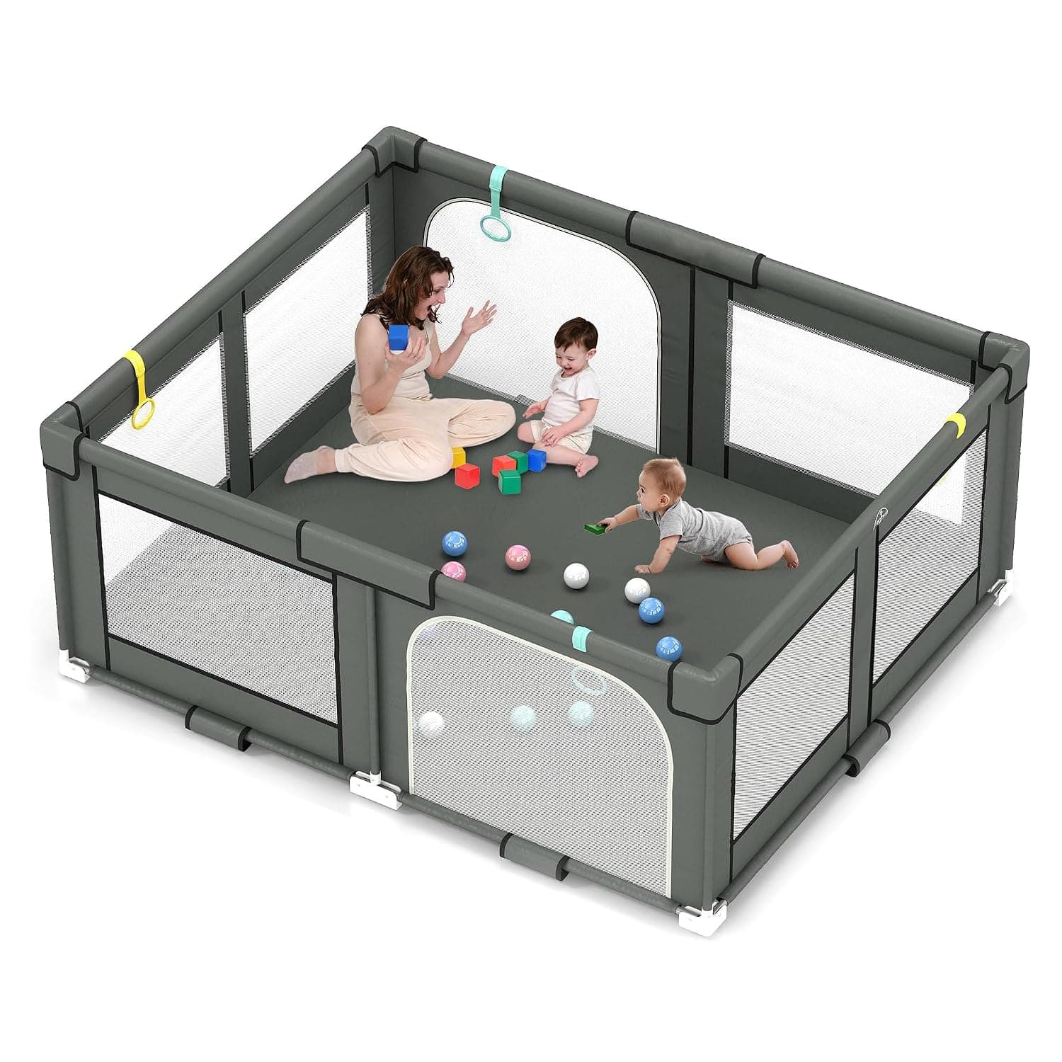 Bentifar Extra Large Baby Playpen, 150×180cm Safety Play Yard for Toddlers, Sturdy Baby Fence with Full Mesh, Non-Slip Base, Indoor & Outdoor Baby Play Area (Dark Grey)