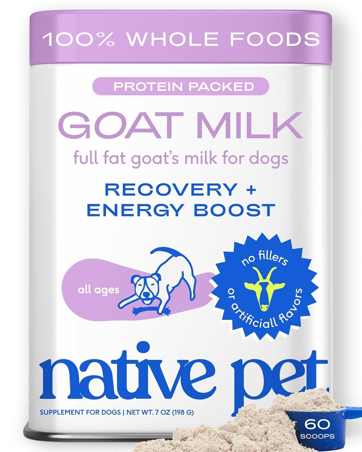 Native Pet Goat Milk Powder - Dog Food Topper for Active Dogs - Post-Activity Recovery, Energy, Immune Support, Hydration & Bone Health - Whole Goat Milk with MCTs & Essential Minerals - 60 Scoops