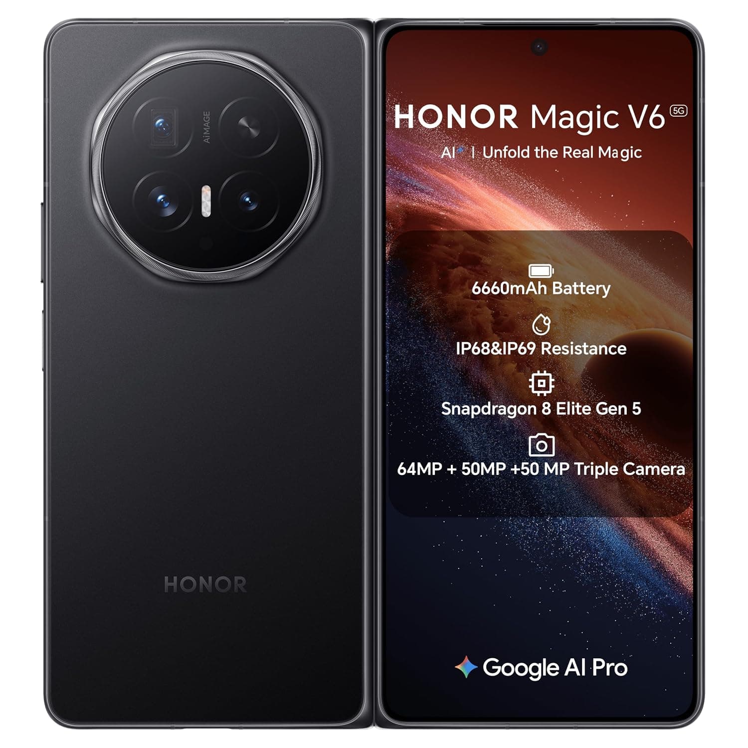 Honor Magic V6 Dual-SIM 512GB ROM + 16GB RAM (GSM Only | No CDMA) Factory Unlocked 5G Smartphone (Black) - International Version