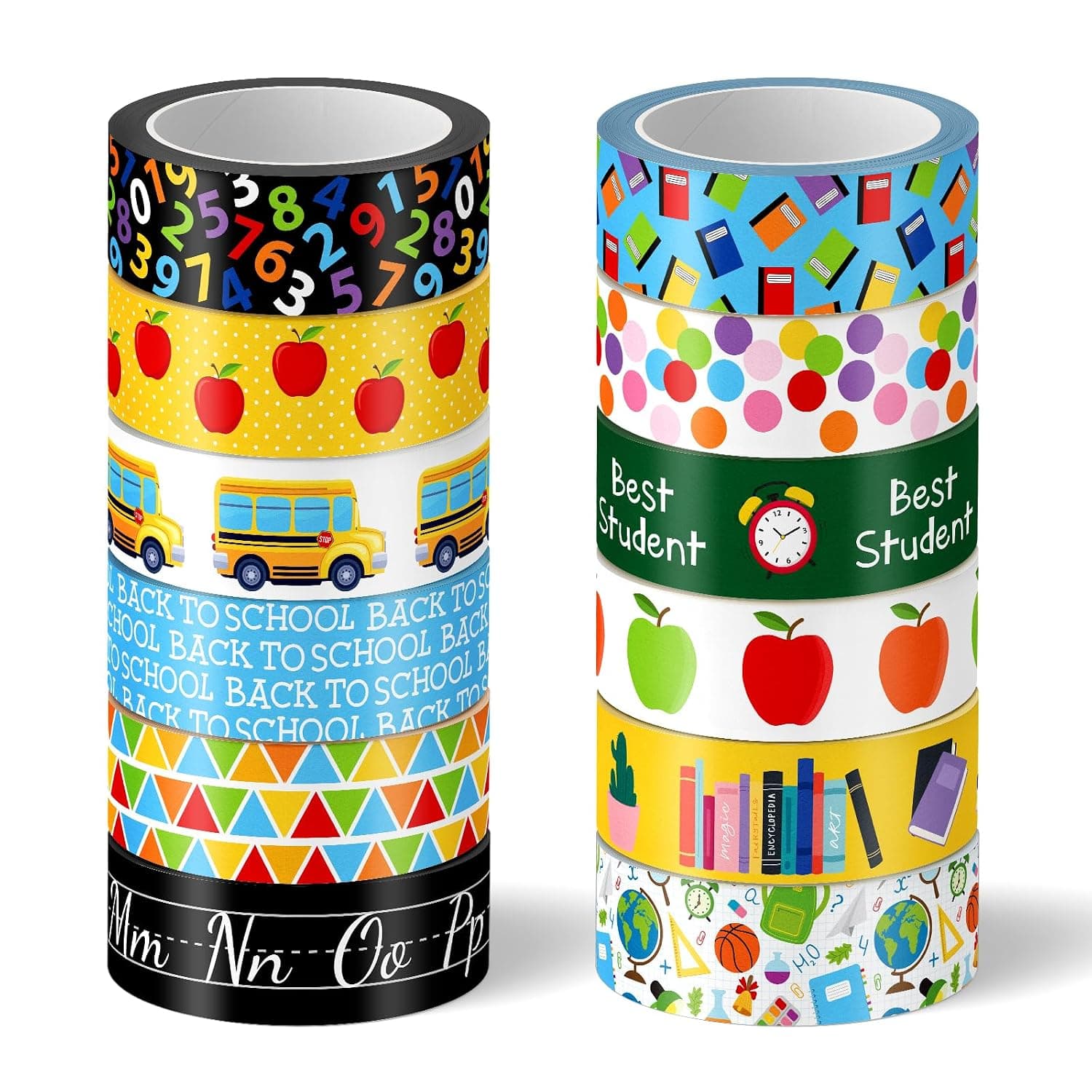 Whaline Back to School Washi Tape First Day of School Colorful Washi Masking Tape Apple Book School Bus Decorative Paper Adhesive Sticker Scrapbooking Gift Wrapping DIY Art Craft 16.4 Feet 12 Rolls