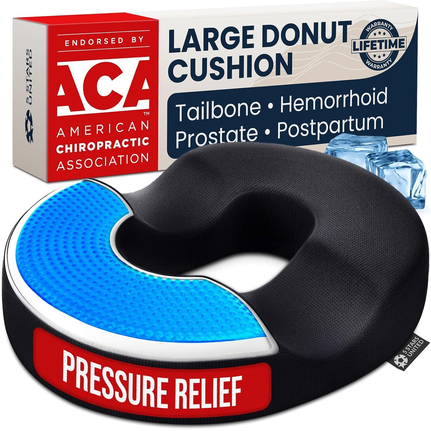 5 STARS UNITED Donut Pillow for Tailbone Pain & Hemorrhoids – Large Memory Foam Lifting Cushion with Cooling Gel Layer for Bed Sore-Prone Areas & Pressure Relief – Black Mesh Cover