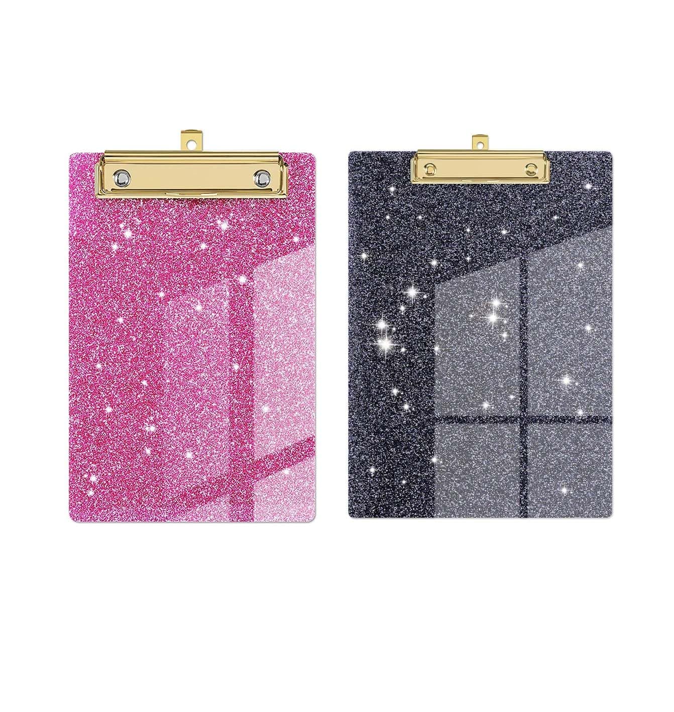 ALMEKAQUZ Acrylic Clipboard, Glitter Clip Board with Low Profile Gold Clip, A4 Letter Size 12.5"x 9", for School Classroom Office, (Pink+Black)