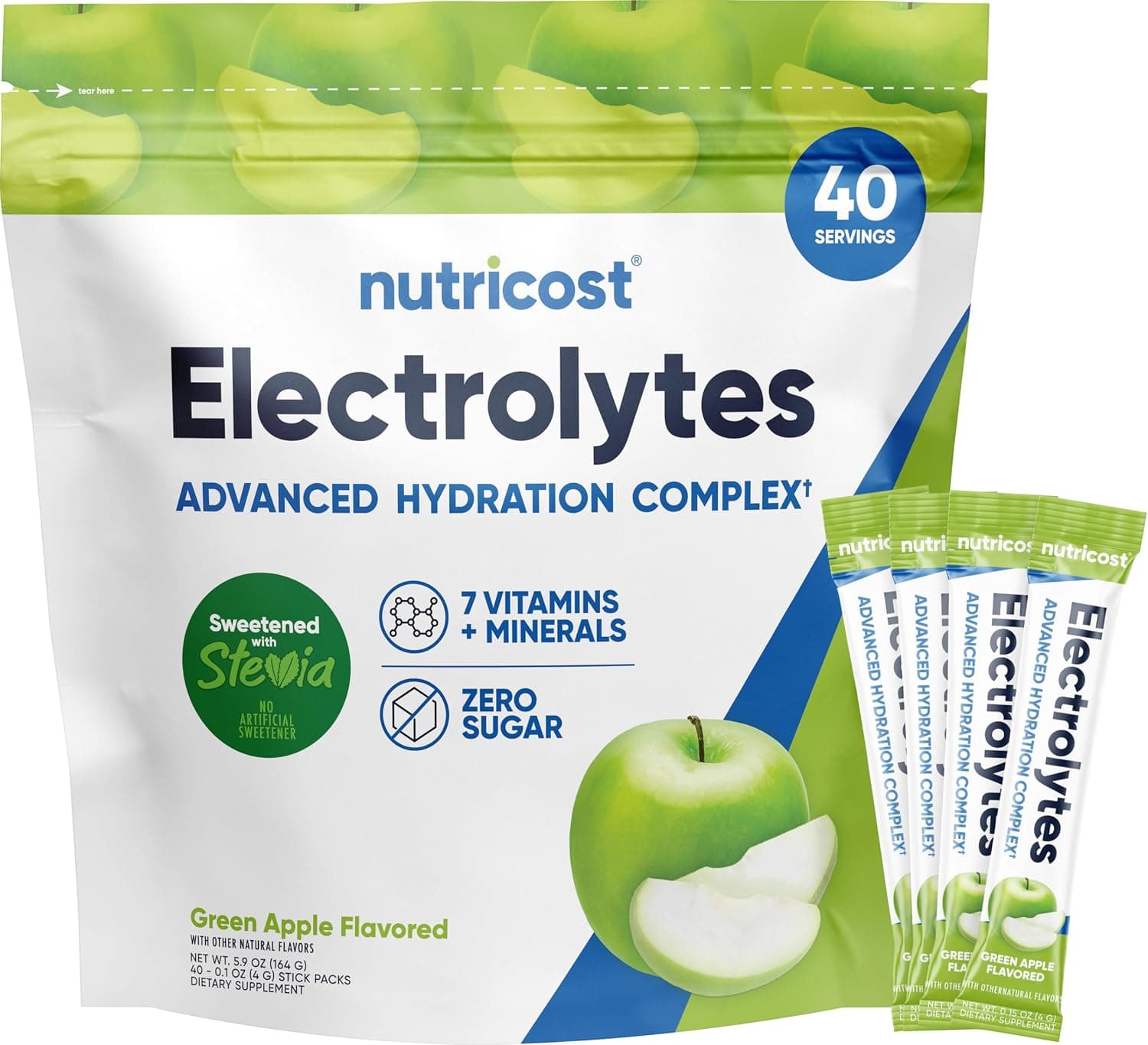 Nutricost Electrolytes Complex, Green Apple Flavored, 40 Stickpacks - Advanced Hydration Complex