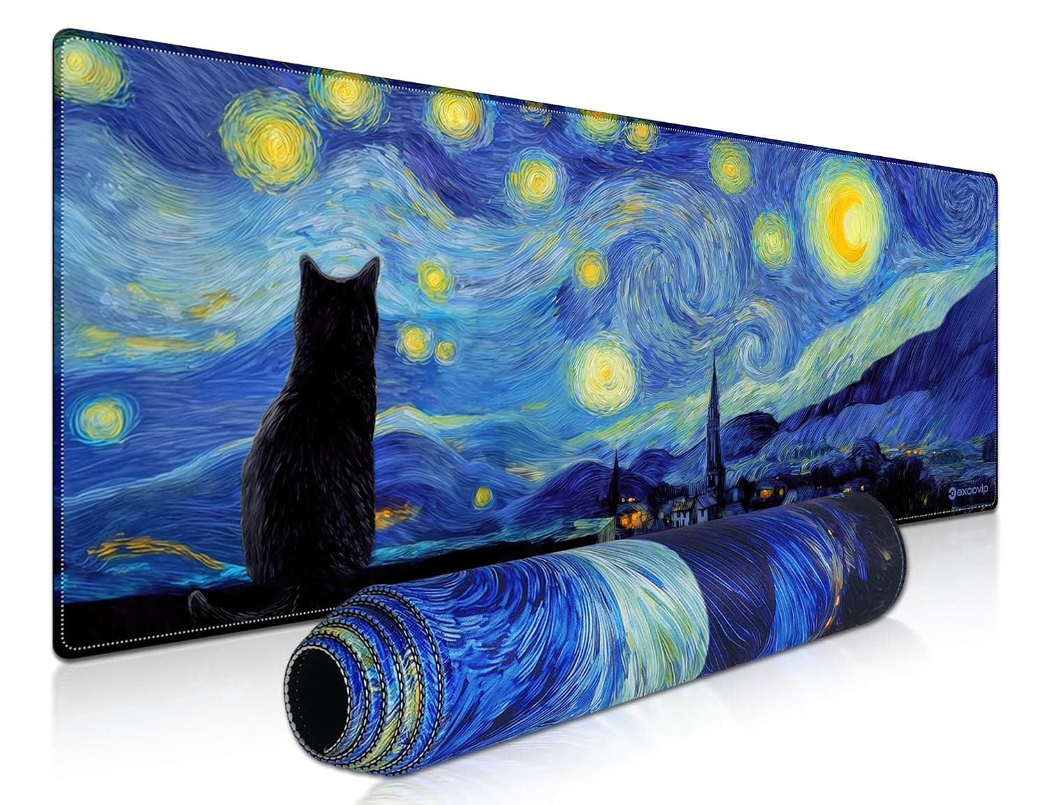 excovip Starry Night Cat Gaming Mouse Pad XL Large Mouse Mat Extended Keyboard Mouse Pad Anime Mousepad with Non-Slip Base and Stitched Edge Mouse Mat for Desk Home Office Gaming 800x300mm 0573