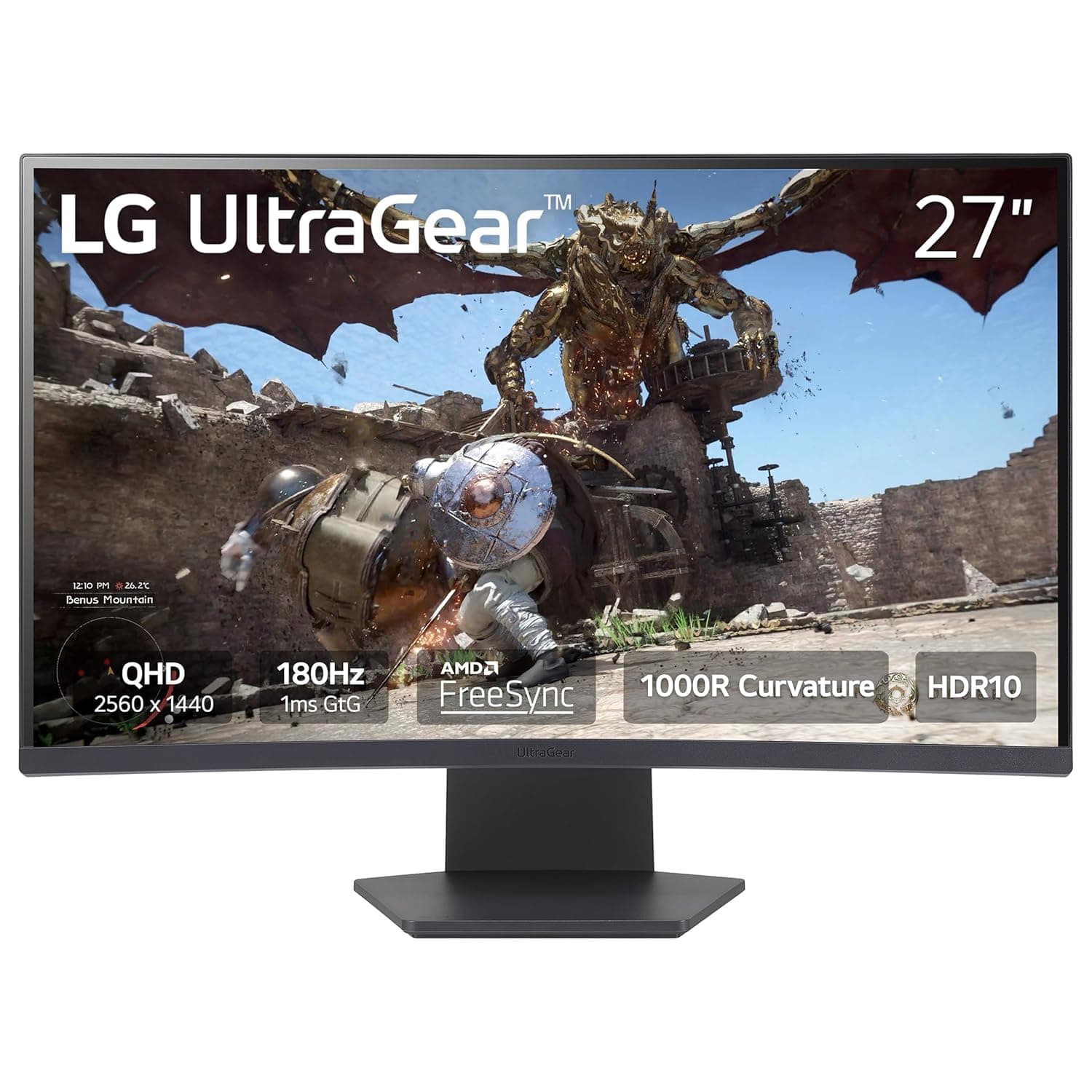 LG 27GS60QC-B Ultragear 27 inch QHD (2560x1440) 180Hz 1ms Curved Gaming Monitor 1000R AMD FreeSync HDR10 HDMIx2 DisplayPort Borderless Design Black Stabilizer DAS Crosshair FPS Counter Black