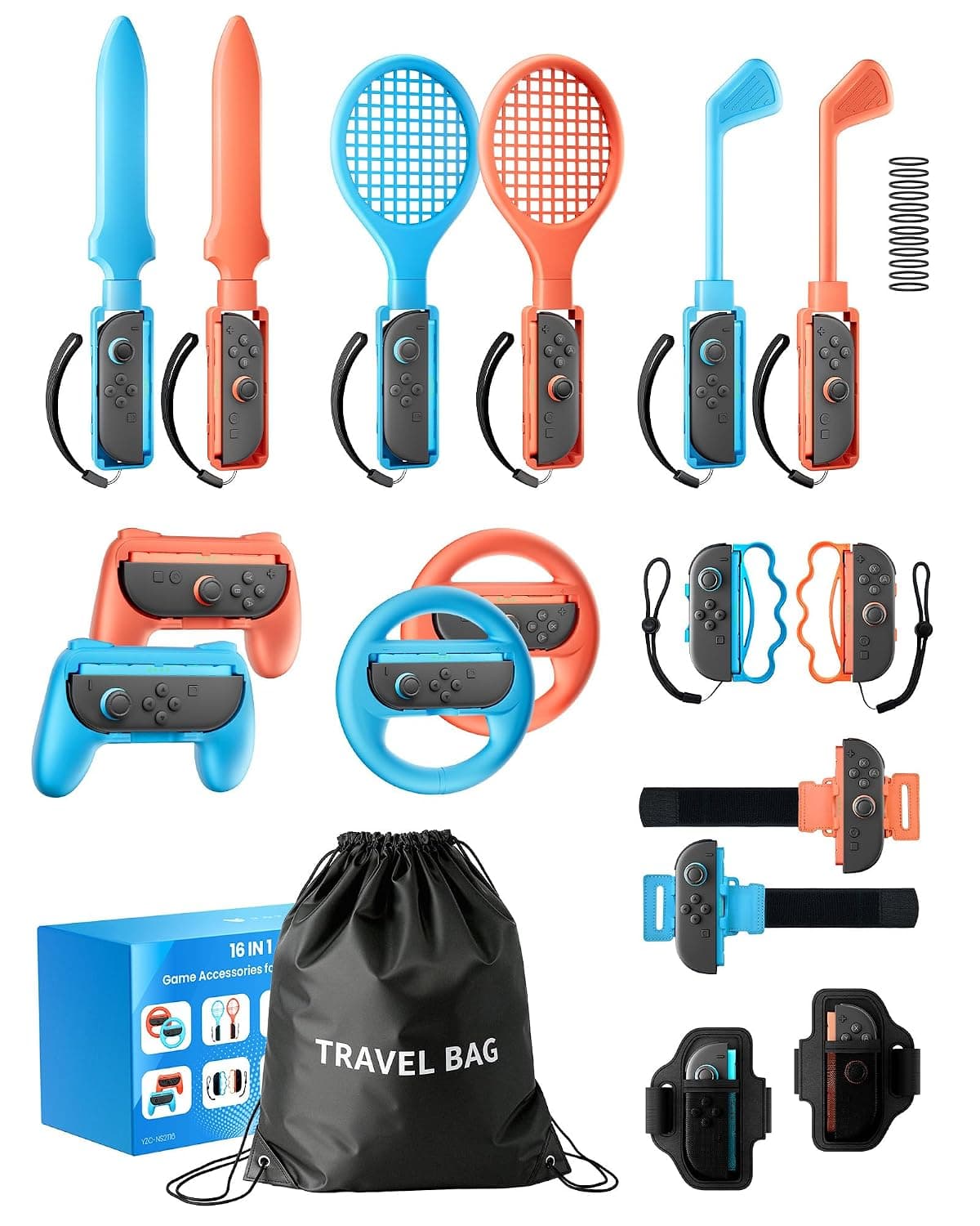 VOYEE 16 in 1 Switch 2 Sports Accessories Bundle with Carry Bag, for Switch 2 Games, Kids Gift Family Party Kit with Tennis Rackets, Golf Clubs, Swords, Steering Wheels, Grips, Wrist & Leg Straps