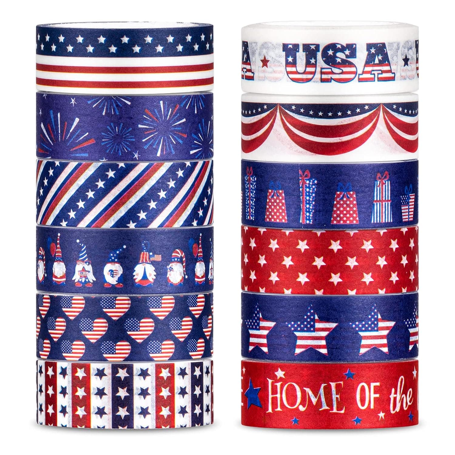 Whaline 12 Rolls 4th of July Washi Tape Patriotic American Flag Washi Masking Tape Red Blue White Stars and Stripes Decorative Paper Sticker Independence Day Scrapbooking Gift Wrapping DIY Art Craft
