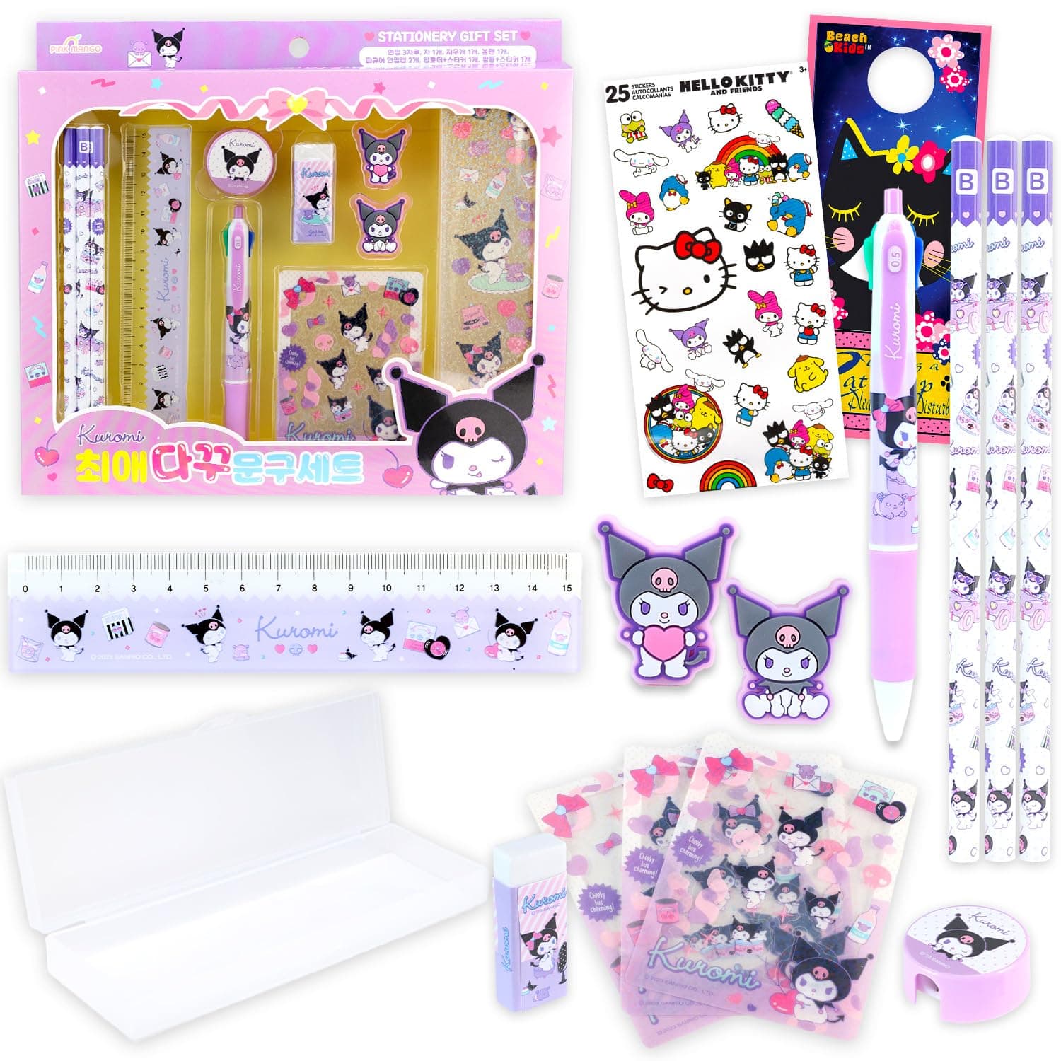 Kuromi School Supplies Pack - Bundle with Sanrio Pencils, Mini Ruler, Eraser, Pencil Toppers, Stickers, Multicolor Pen, More for Kids, Girls | Kuromi Back to School Supplies