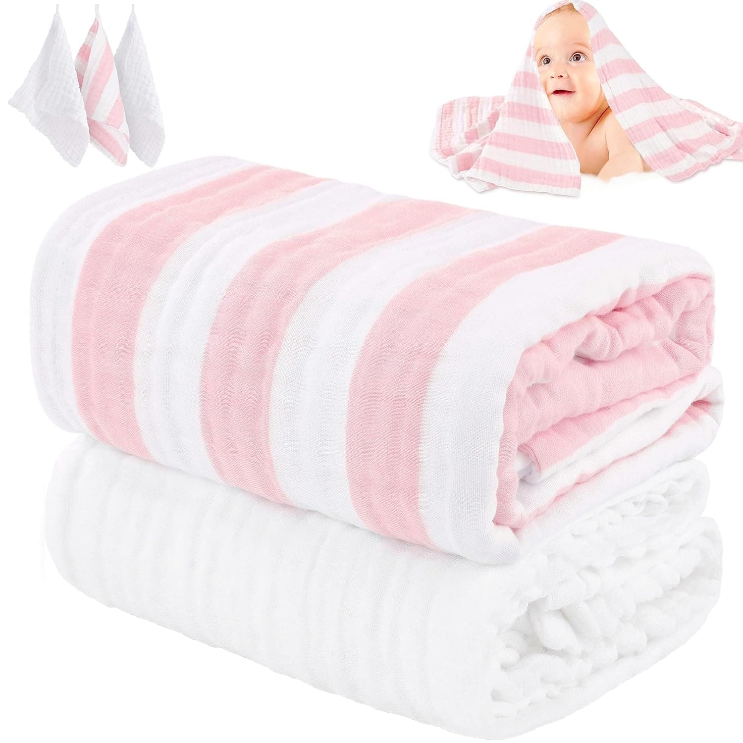 Organic Muslin Baby Bath Towel Blanket 5-Pc Gift Set -Pink Stripe | Features 41-43" 6-layer blankets, three washcloths newborn to toddler crib or swaddle; curated shower registry gift for girls