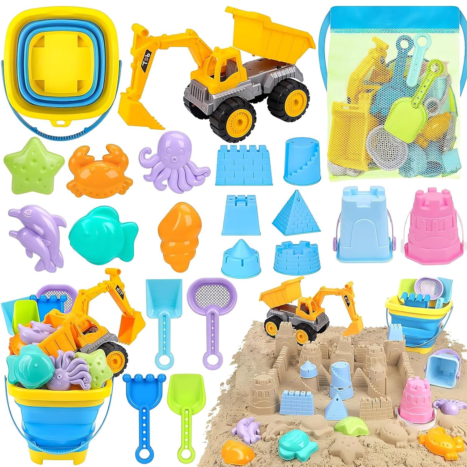 Soofam Beach Toys, Sand Toys for Kids Boys and Girls with 2 in 1 Construction Vehicles, Collapsible Bucket, Sand Castle Building kit, Sand Molds, Mesh Bag, Outdoor Toys for Kids Ages 3-8