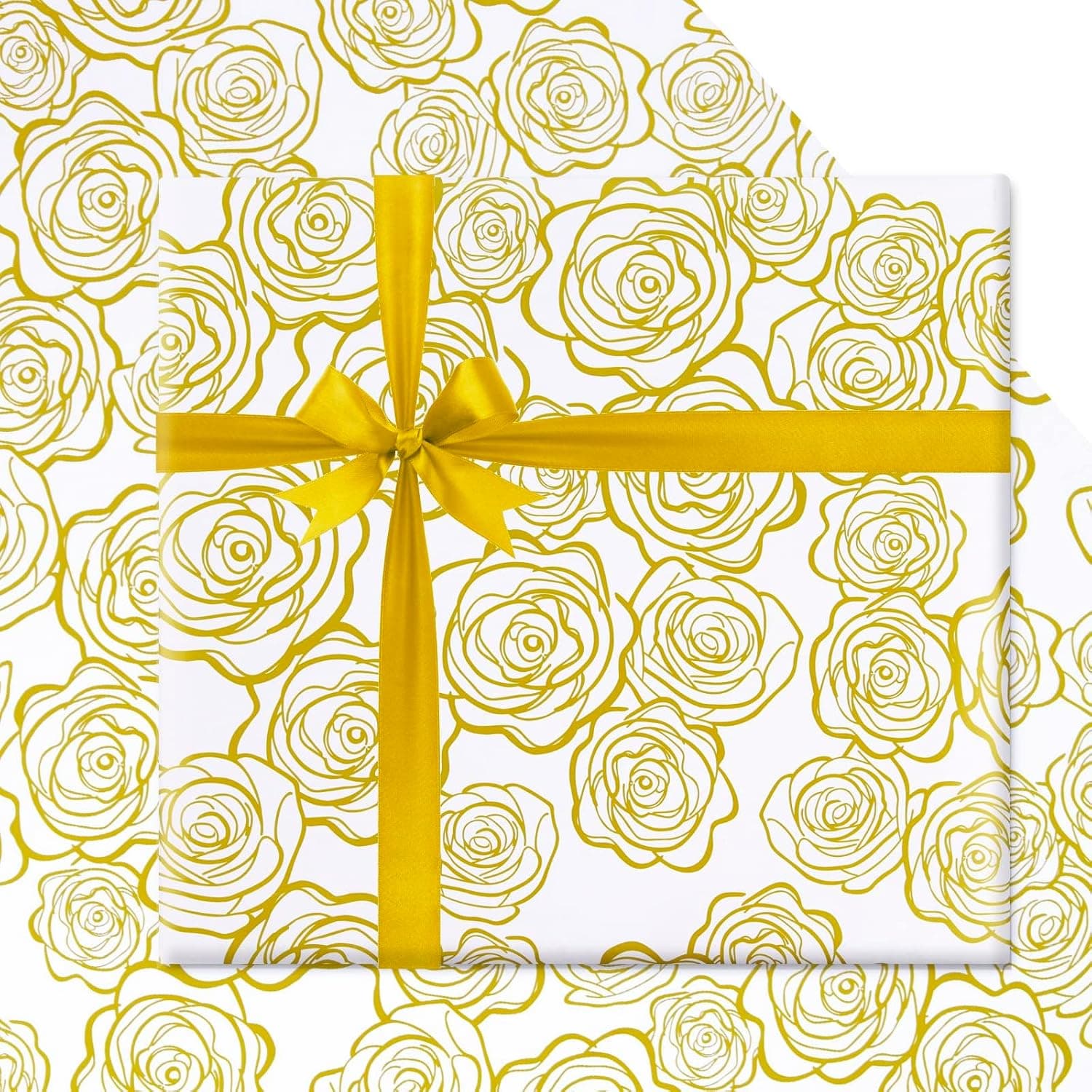 Wedding Wrapping Paper 7 Sheets with Golden Rose Pattern and 1 Roll Gold Ribbon, Folded Flat Gift Wrap 20x28 Inch for Weddings, Birthdays, Baby Showers and Bridal Showers