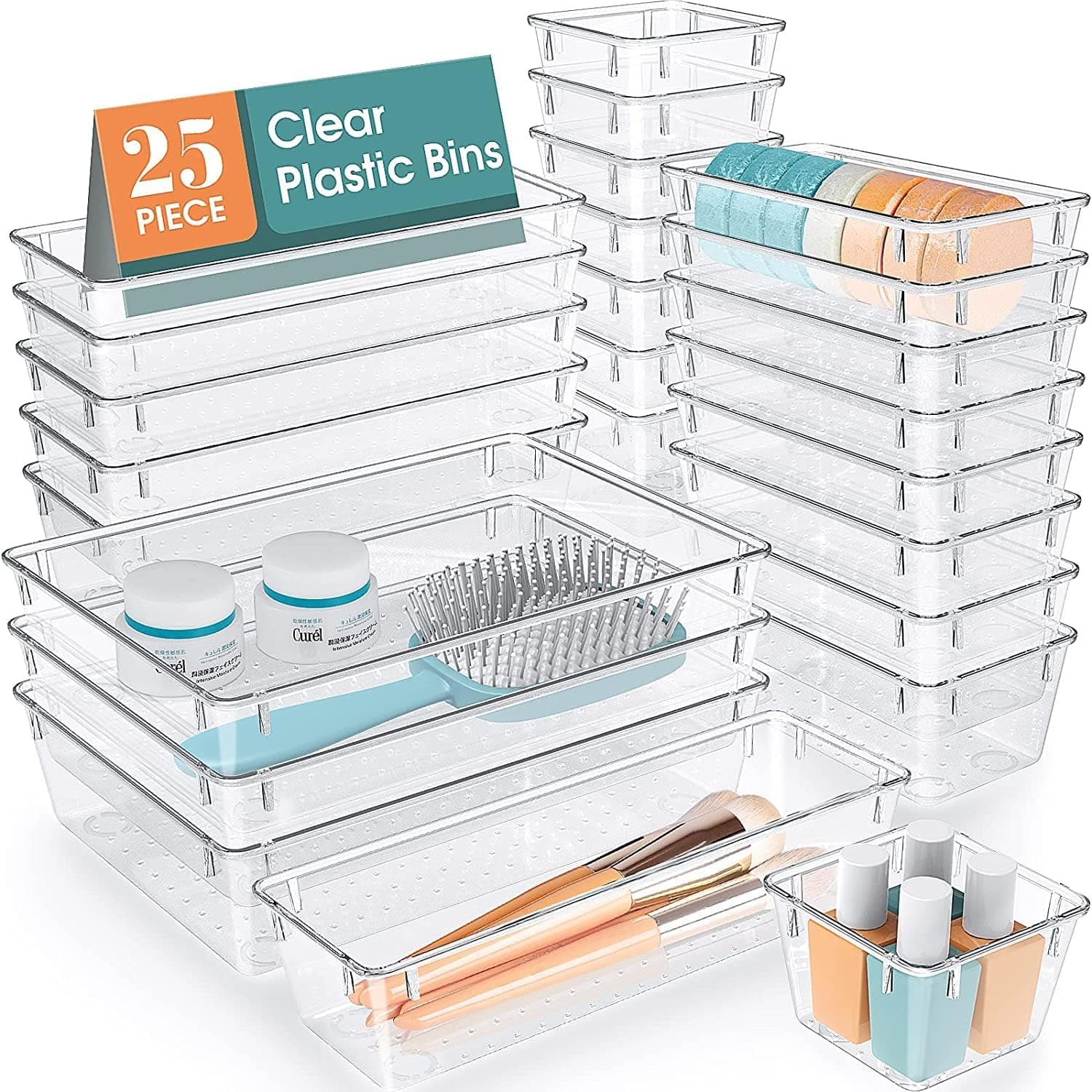 Wemart 25 PCS Clear Plastic Drawer Organizer Set, 4 Sizes Desk Drawer Divider Organizers and Storage Bins for Makeup, Jewelry, Gadgets for Kitchen, Bedroom, Office Bathroom, Office