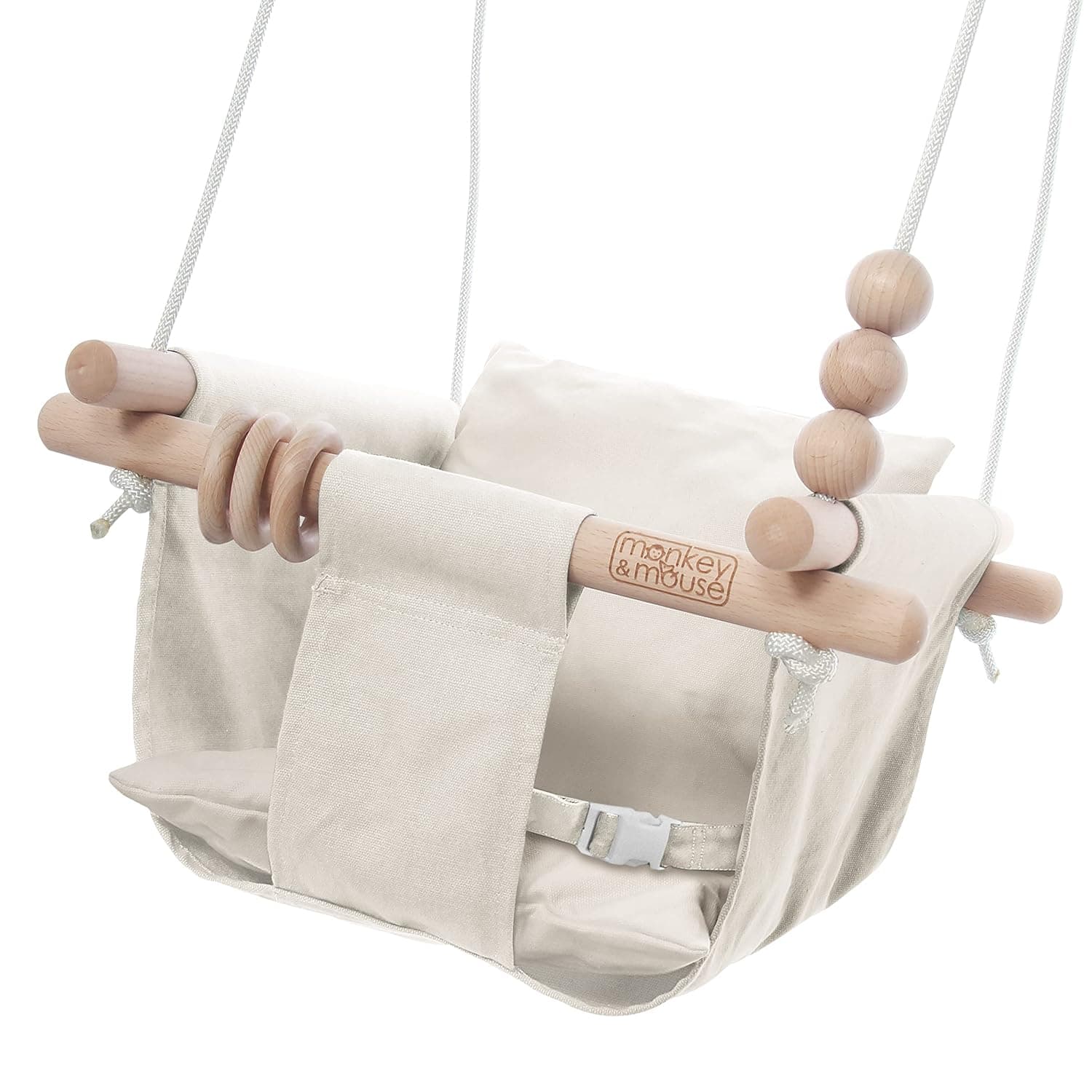Monkey & Mouse Baby Swing, Cream Indoor Outdoor Portable Hanging Chair, Infant & Toddler Kids 12 Months - 4 Years, Cotton Canvas & Beech Wood Frame, Sensory Hammock Boy & Girl Seat w/Wooden Toys