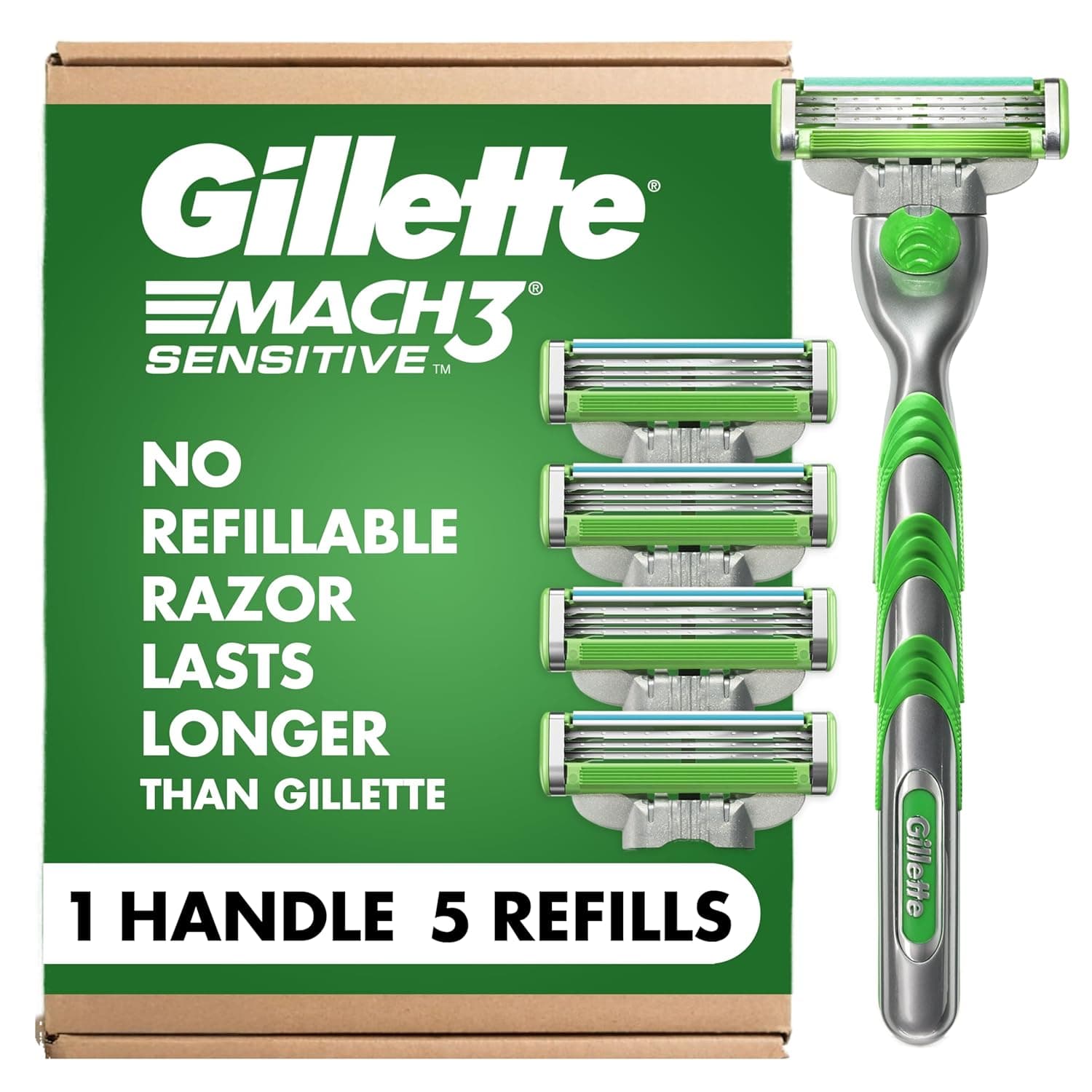 Gillette Mach3 Sensitive Razors for Men, 1 Razor, 5 Razor Blade Refills, Designed for Sensitive Skin