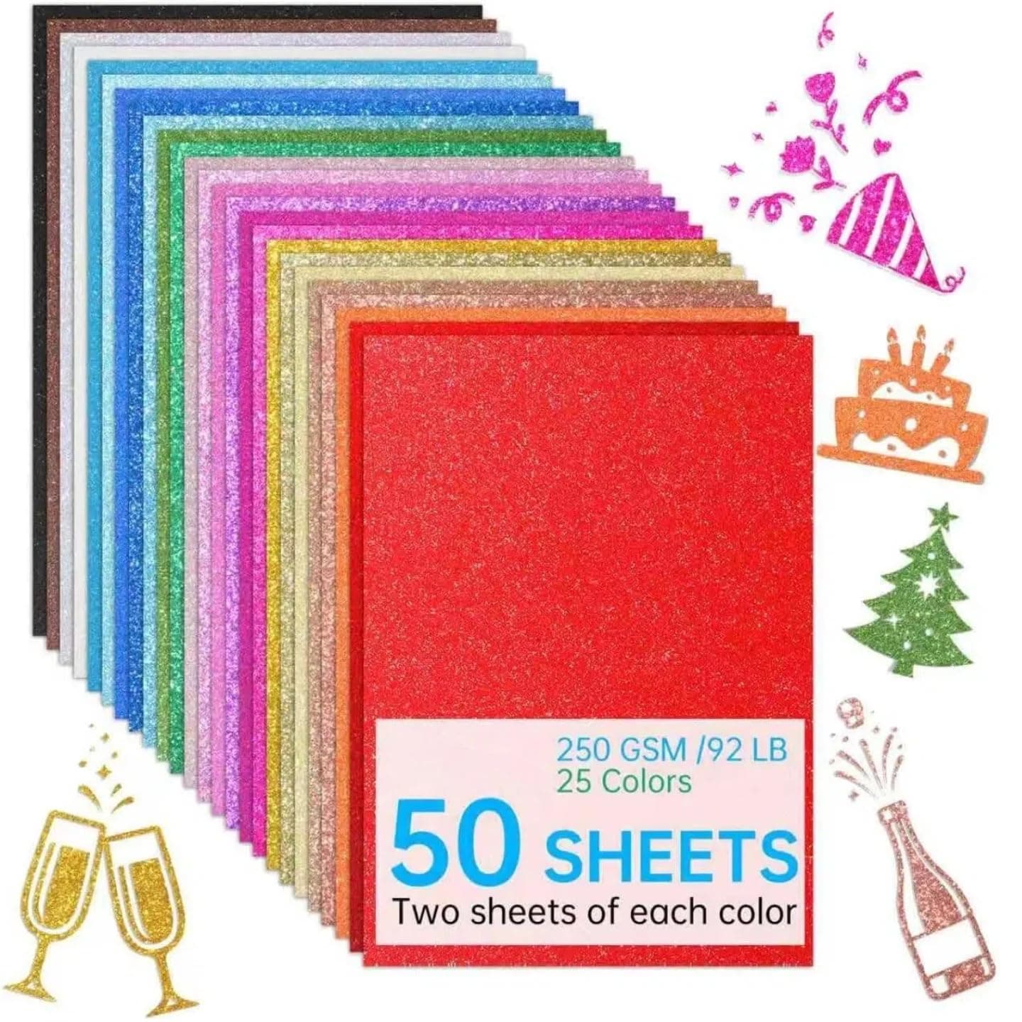 50Sheets Colored Glitter Paper Cardstock - 25Colors 250GSM A4 Glitter Card Stock Sparkle Paper for Arts Crafts Scrapbooking Card Making DIY School Supplies