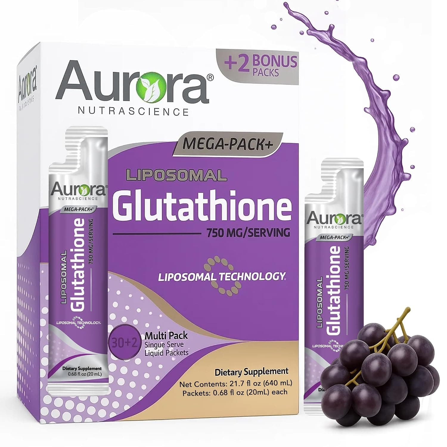 Aurora Nutrascience Mega-Pack Liposomal Glutathione, Immune System Support, Antioxidant, 750 mg per Serving, 32 Single-Serve Packets, Gluten Free, Non-GMO, Sugar-Free, 21.7 fl oz (640 mL)