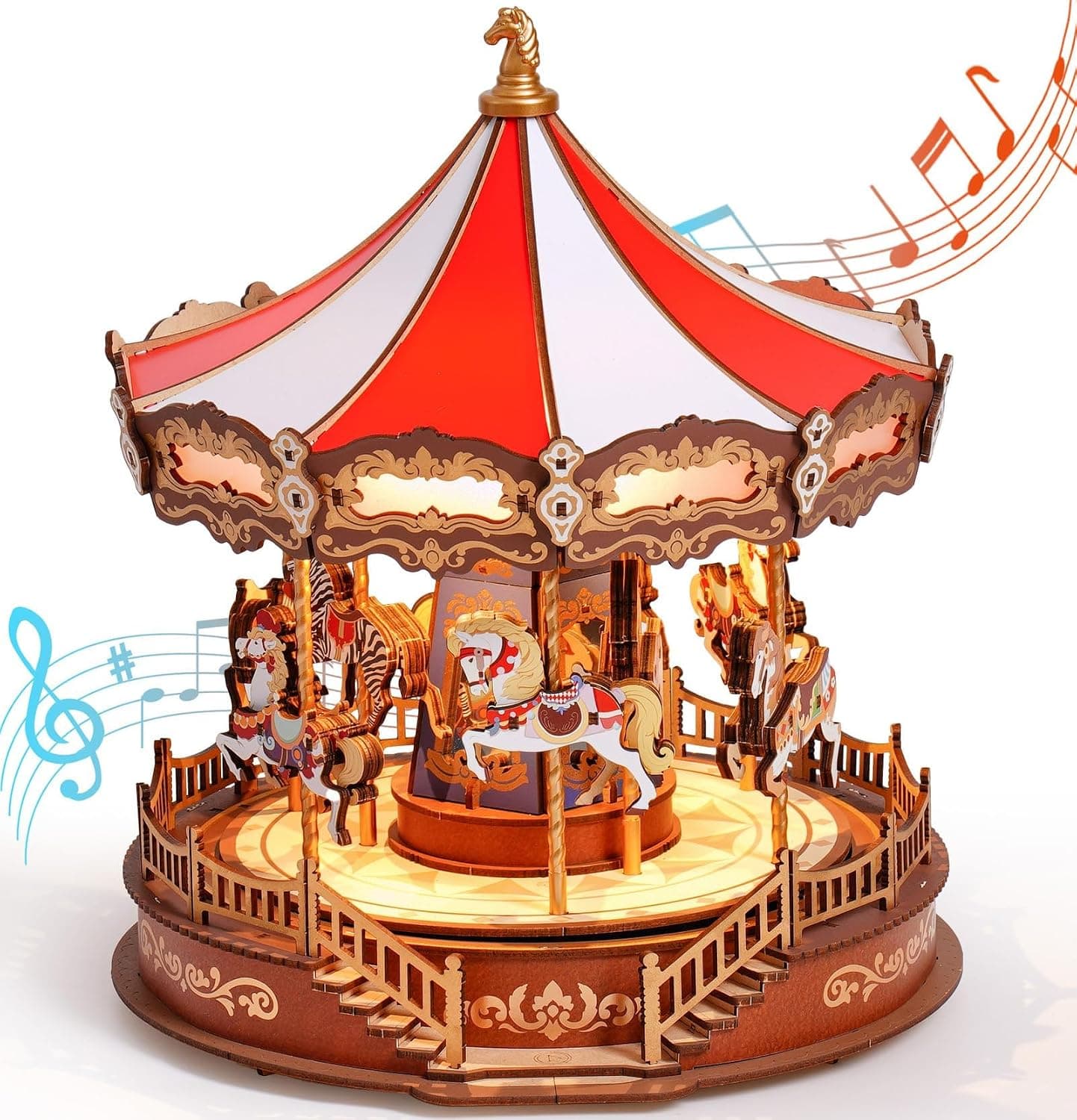 ROBOTIME 3D Puzzle Model Kit Adult Carousel Music Box with Light, Model Building Wooden Kit, Mechanical Wooden Puzzle Construction Kit, Gift, Adults, Children