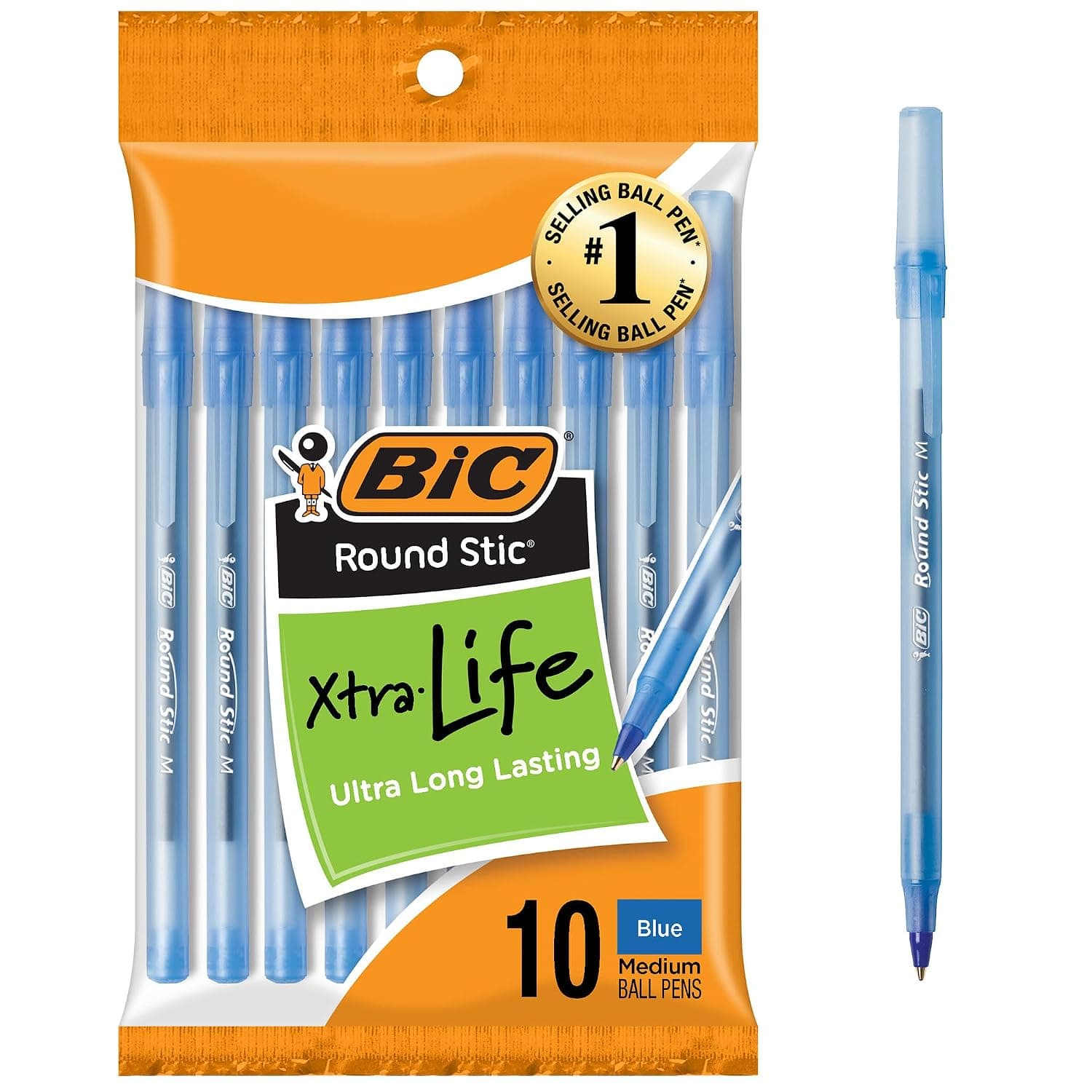 BIC Round Stic Xtra Life Blue Ballpoint Pens, Medium Point (1.0mm), 10-Count Pack of Bulk Pens, Flexible Round Barrel for Writing Comfort, No. 1 Selling Ballpoint Pens
