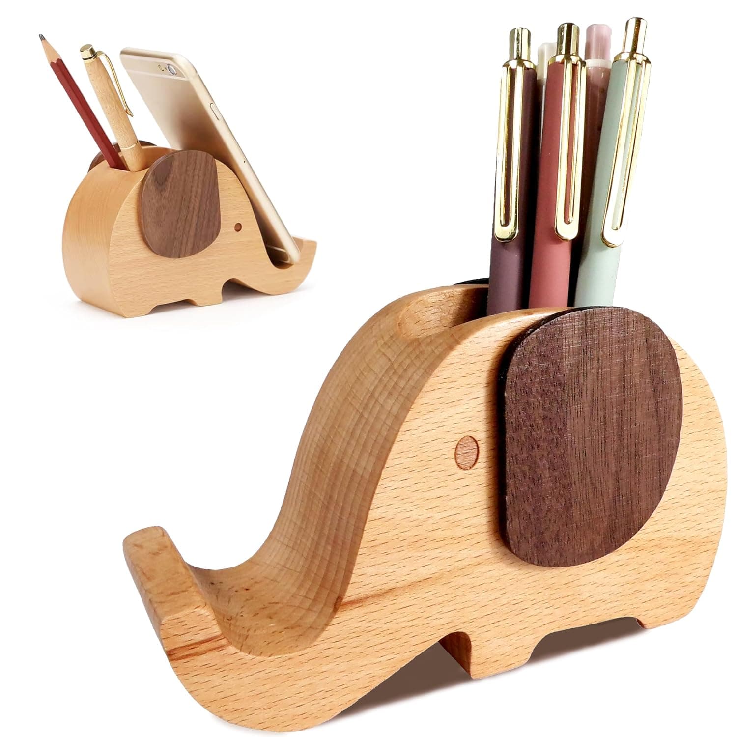 Natural Wood Elephant Pen Phone Holder, Carved Walnut and Beech Wood, Cute Desktop Accessories, Phone Stand, Desk Organizer, For Office or Classroom, Unique and Elegant Design, AS928